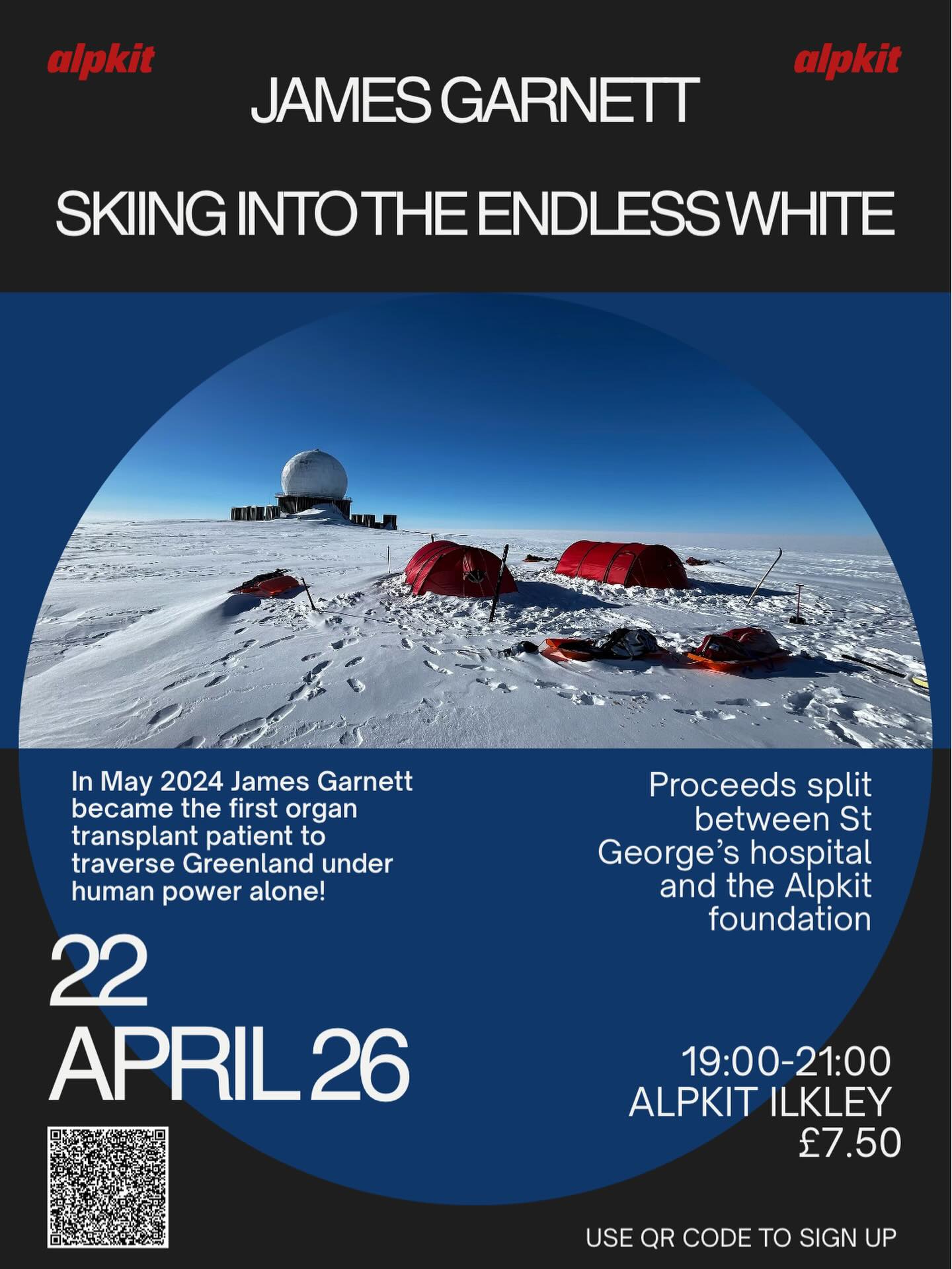 Alpkit in Ikley, Yorkshire have kindly invited me to talk about my world-first 2024 Greenland expedition and tickets are now available below or via the QR code.
https://www.eventbrite.co.uk/e/skiing-into-the-endless-white-tickets-1983670834866
If you like the sound of listening to me chat about the highs, lows, extreme challenges and successes of my 29 day traverse of the worlds largest island come and join us on the 22nd April! ☺️
All ticket proceeds will be donated to the wonderful Alpkit Foundation and the St.George’s Hospital Charity whom I raise money for on every expedition I undertake and who are incredibly close to my heart. Your donation and attendance would be truly appreciated. ☺️
I’ll be demonstrating some of the unique arctic equipment I used on the expedition, describing the whole traverse through pictures and videos and taking questions about any aspect of the preparation, training and expedition itself. 🤓
Get yourself down to Alpkit Ikley on the 22nd April at 7pm for a really fun evening all about adventure and endurance in one the world’s most unique, extreme and beautiful environments!! 🤘🏻
See you then!
#charityevent
#ilkley
#greenlandexpedition
#adventuretalk
#yorkshireevents