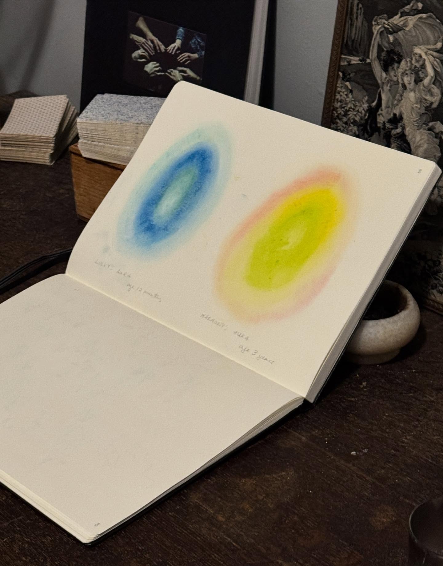 Depiction of my children’s auras.
Lucky at 12 months (left) and Harmony (right) 3.
This is what I see around them most days, but the aura is moving breathing colors of light that always change - I can’t do it any justice by way of mediocre illustration but the auras colors in reality have a phosphorescent quality emitting around the body.
#auras