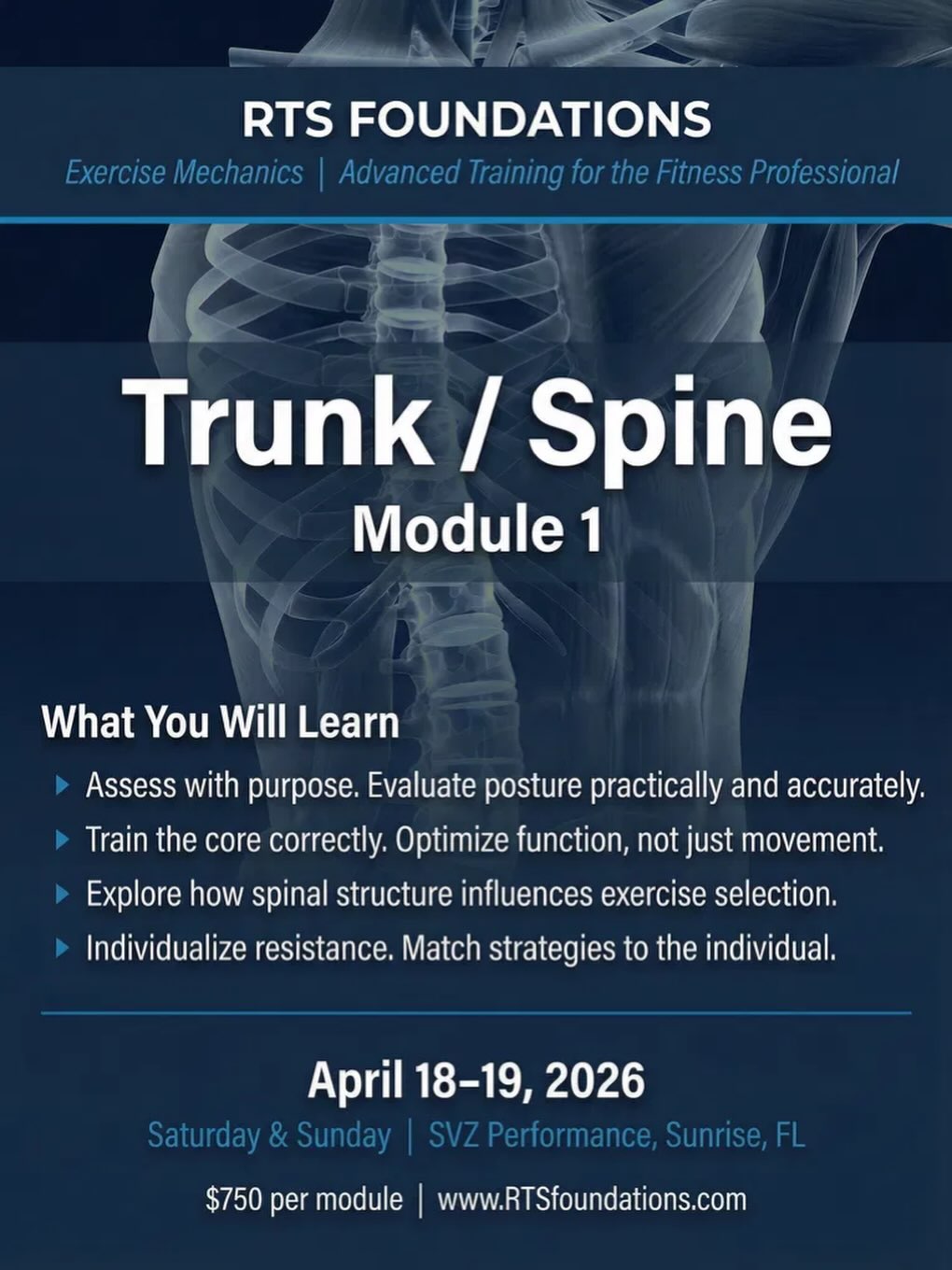 Do you really know how to train the core — or are you just doing exercises that involve it?
There’s a difference. And once you understand it, the way you program and coach changes completely.
Join us April 18–19 for
RTS Foundations: Trunk / Spine — a two-day deep dive into the mechanical principles that govern how the spine and core actually function during exercise.
You’ll walk away knowing how to:
▸ Assess posture with purpose — practically and accurately ▸ Train the core correctly, not just generically ▸ Use spinal structure and positioning to drive smarter exercise selection ▸ Build individualized resistance strategies based on each client’s trunk strength profile
This is advanced training for fitness professionals who want to move beyond cookie-cutter programming and deliver results that are truly client-defined.
📍 SVZ Performance | Sunrise, FL 📅 April 18–19, 2026 💰 $750 per module 🔗 Register at
www.RTSfoundations.com
#RTSFoundations #ExerciseMechanics #FitnessProfessional #CoreTraining #SpineHealth