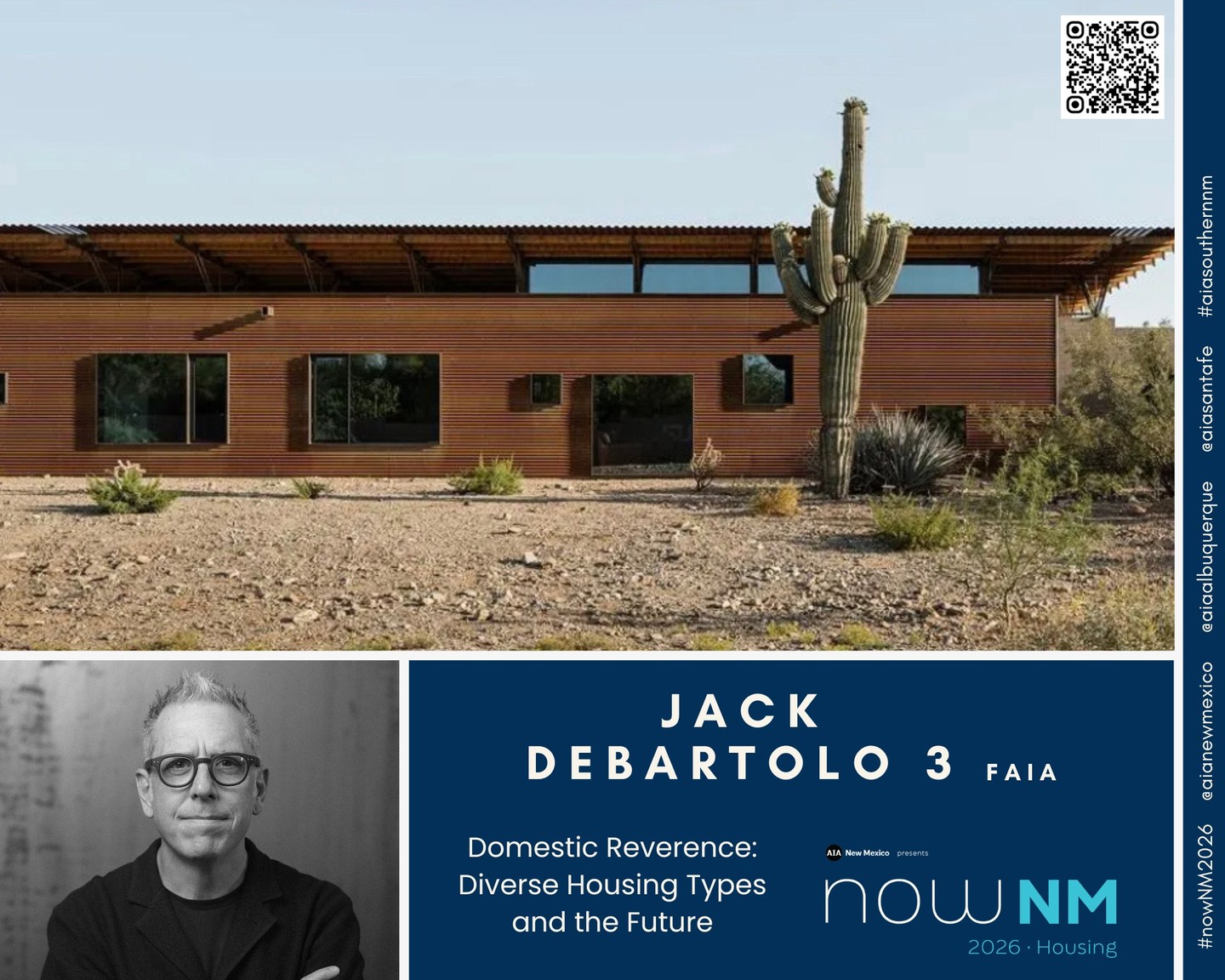 nowNM 2026 Housing presents: Domestic Reverence: Diverse Housing Types and the Future with Jack DeBartolo 3, FAIA. Get your conference tickets at aianewmexico.org/events!
This lecture examines the evolving nature of housing through the studio work of DeBartolo Architects, exploring how diverse residential typologies can support human health, safety, and welfare while restoring reverence to everyday domestic life. Presented through a range of built projects—including Desert Wash House, Roth House, Sahuaro House, Platform House, multiple ADUs, and OCHENTA, a multi-unit apartment complex—the lecture considers how housing design is responding to cultural change, climate realities, and increasing demands for adaptability and density.
The work is framed by the belief that housing is not merely a commodity, but a primary vessel for human dignity, refuge, and continuity. The lecture explores how careful attention to scale, climate, material durability, spatial clarity, and passive environmental systems can elevate both single-family and multi-family housing into places that support physical comfort, psychological well-being, and long-term sustainability.
By comparing small, intimate dwellings with collective housing models, the lecture offers a critical look at how architects can responsibly shape the future of living—balancing efficiency with generosity, density with dignity, and innovation with restraint.
📆 Friday, April 24th @ 10:00am
📍 National Hispanic Cultural Center
Thank you to our Patron Sponsors - Southwest Glass, Accurate Estimating Services, and SMPC Architects!
More sponsorship opportunities available on event website.
#nowNM2026 #architecture #design #housing @debartoloarchitects @debartolo3 @southwestglassandglazing @smpcarchitects @aiaalbuquerque @aiasantafe #aiasouthernnm