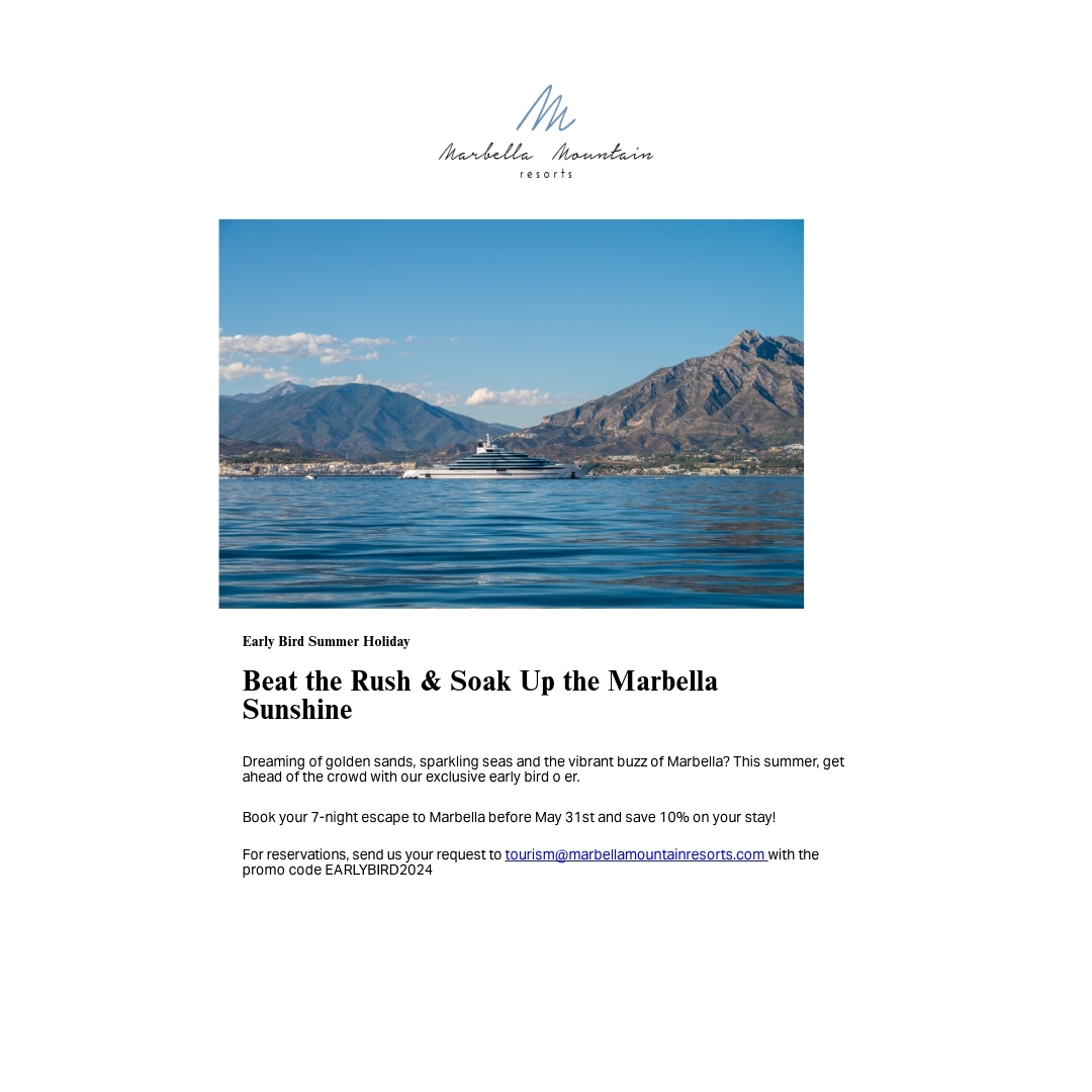 Book at 7 night stay at one of our selected villas in Marbella and save 10% on your stay.
Trade bookings will get guaranteed commission also.
https://marbellamountainresorts.com/
Contact me for more info.. sophie@sophiescollection.co.uk