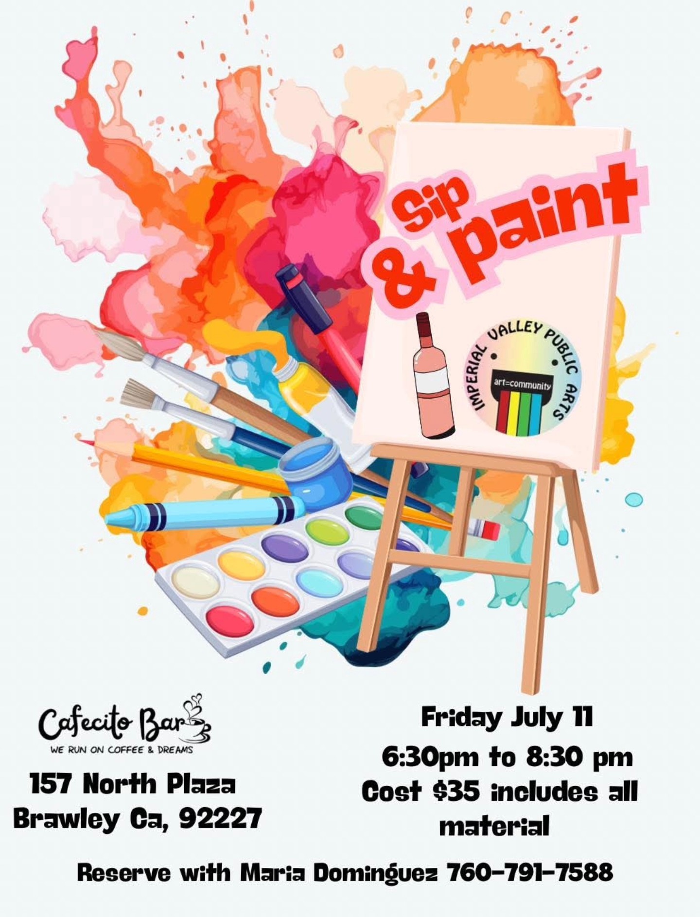 Did you know that the quail is the California state bird?
A small, round bird with a front-curving plume on its head. Majestic, sophisticated, and beautiful!
Join us on Friday, July 11, from.6.30-8.30pm for a guided step-by-step painting workshop, while you enjoy a drink of wine while you create!
RSVP now by texting 760-791-7588, to reserve your spot! ALL LEVELS!
Don't miss this relaxed paint-and-sip night at Cafecito Bar!
#californiaquail
#california
#brawley
#paintandsip
#creatememories
#communitylove
#imperialvalleymurals
#imperialvalley
#imperialvalleyart
#audubonsociety
#northamericanbirds