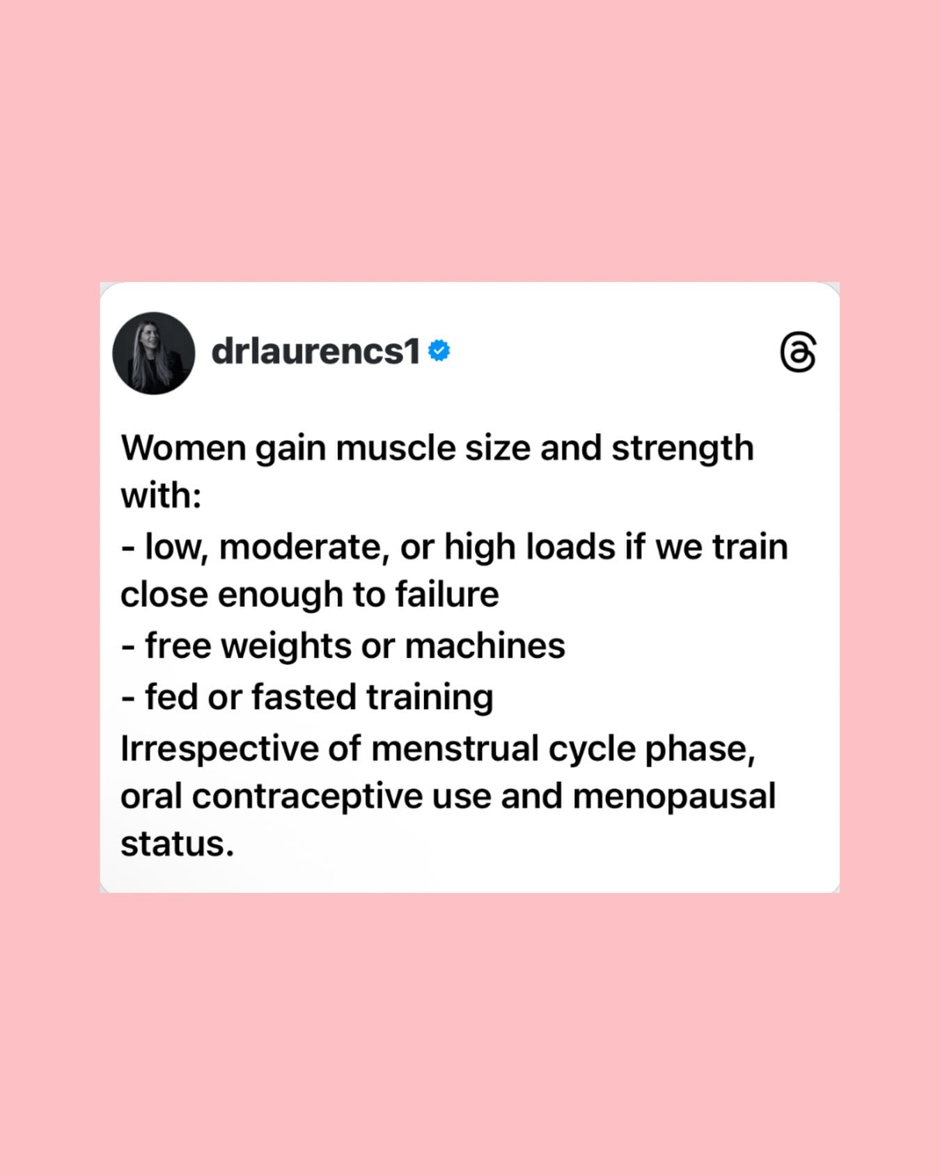 Lift lighter or heavier loads - but make sure they’re challenging!
Use dumbbells, barbells, machines, or cables (or body weight - if it’s challenging)!
A challenging weight will vary depending on the exercise.
Choose exercises you enjoy, but compound exercises that work multiple muscle groups are best to maximize time efficiency.
Don’t worry about fasted training or post workout protein timing - these nuances aren’t important.
Menstrual cycle phase, oral contraceptives, and the menopause transition don’t change any of the above!
Just LIFT WEIGHTS!