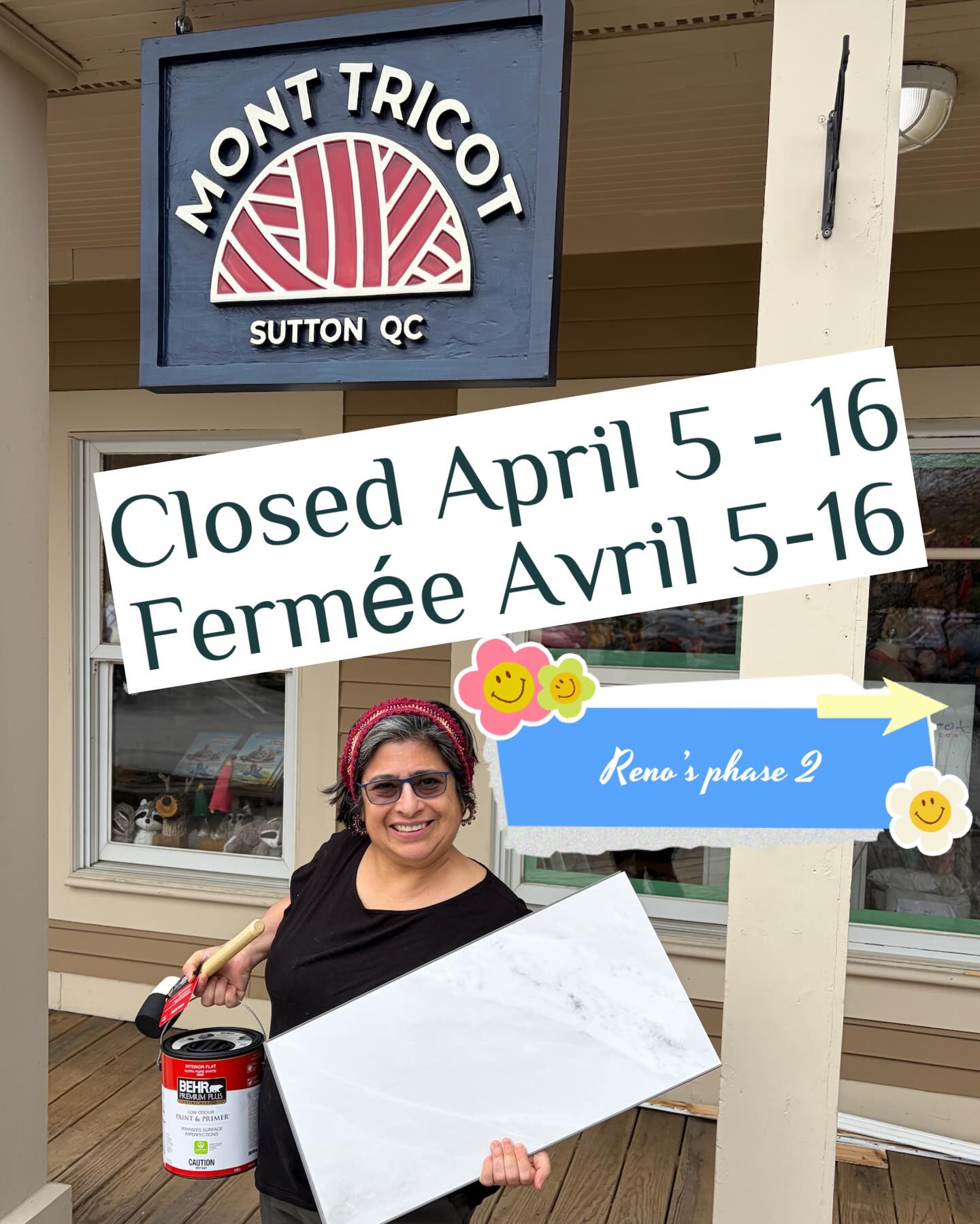 Ok folks we just made an executive decision… phase 2 of our spring Reno’s requires that we close for a wee bit if we want to stay married 🤣 all joking aside we will be painting, changing the flooring and a few extra things. We want the place to look amazing for LYS Day and @popevergara anticipated visit in the fall (ooh wait did I let that slip out 🤣) online orders will be fulfilled daily and door pickup available for locals.
Bon, les amis, on vient de prendre une décision radicale… La phase 2 de nos travaux de rénovation printaniers nous oblige à fermer un tout petit peu si on veut rester mariés 🤣. Blague à part, on va repeindre, changer le plancher etc. On veut que l’endroit soit superbe pour la journée de lainerie locale, et la visite prévue de @popevergara à l’automne (oh, attendez, est-ce que j’ai laissé échapper ça 🤣). Les commandes en ligne seront traitées tous les jours et le ramassage en magasin sera disponible pour les locaux.
#monttricot #knittersofinstagram