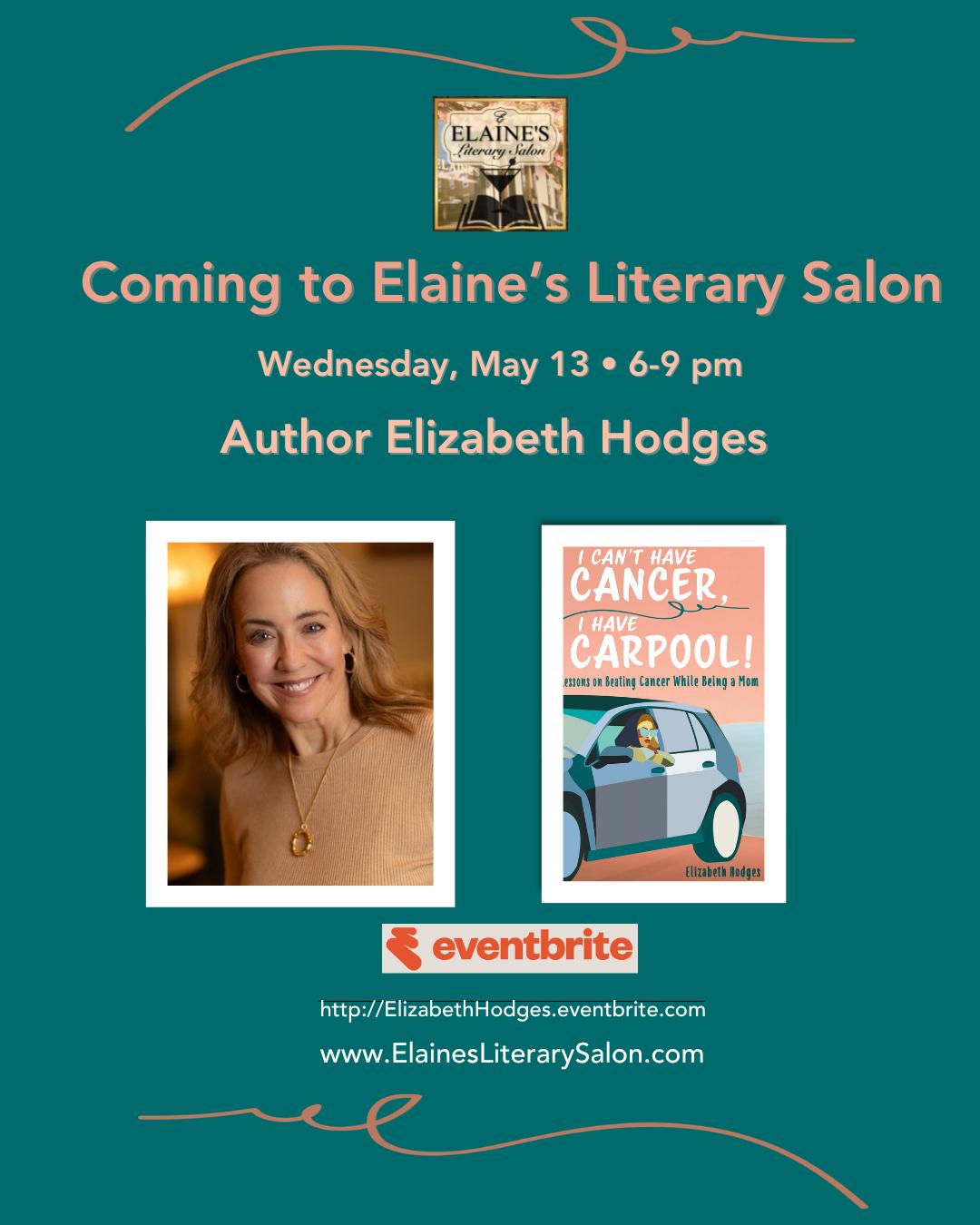 Think spring and conversation!
I am thrilled to announce a very special book event this May 13 in Washington, DC. I’ll be appearing at Elaine’s Literary Salon, a recognised literary event space where authors share their art and craft of writing a book (www.elainesliterarysalon.com).
DC moms and anyone on a cancer journey, join me for an evening of conversation, connection, and stories from "I Can’t Have Cancer, I Have Carpool!" I would love to see friendly faces there and meet new readers.
More details coming soon — stay tuned and mark your calendars!