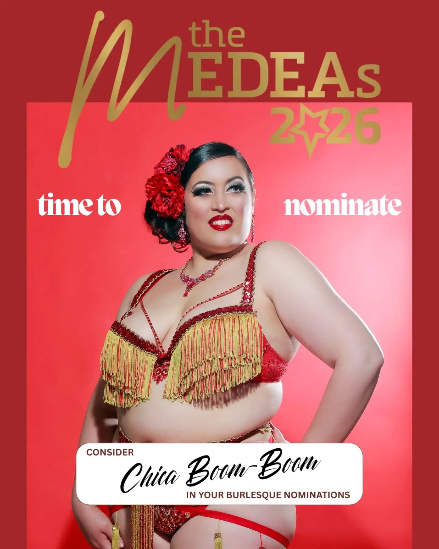 Less than 24 hours until nominations close for the 2026 @medeawards
🏆🏆🏆
I may of spent some time off stage recently, but I am always around and supporting the burlesque community
I would love you to consider nominating this Latina for some of the burlesque categories, Mx Congeniality and also Melbourne's Favourite Burlesque Related Business category for my @boomboompasties work
Nomination link in bio 🔗
#ChicaBoomBoom #ForYourConsideration #AwardSeason #Melbourne #BurlesquePerformer