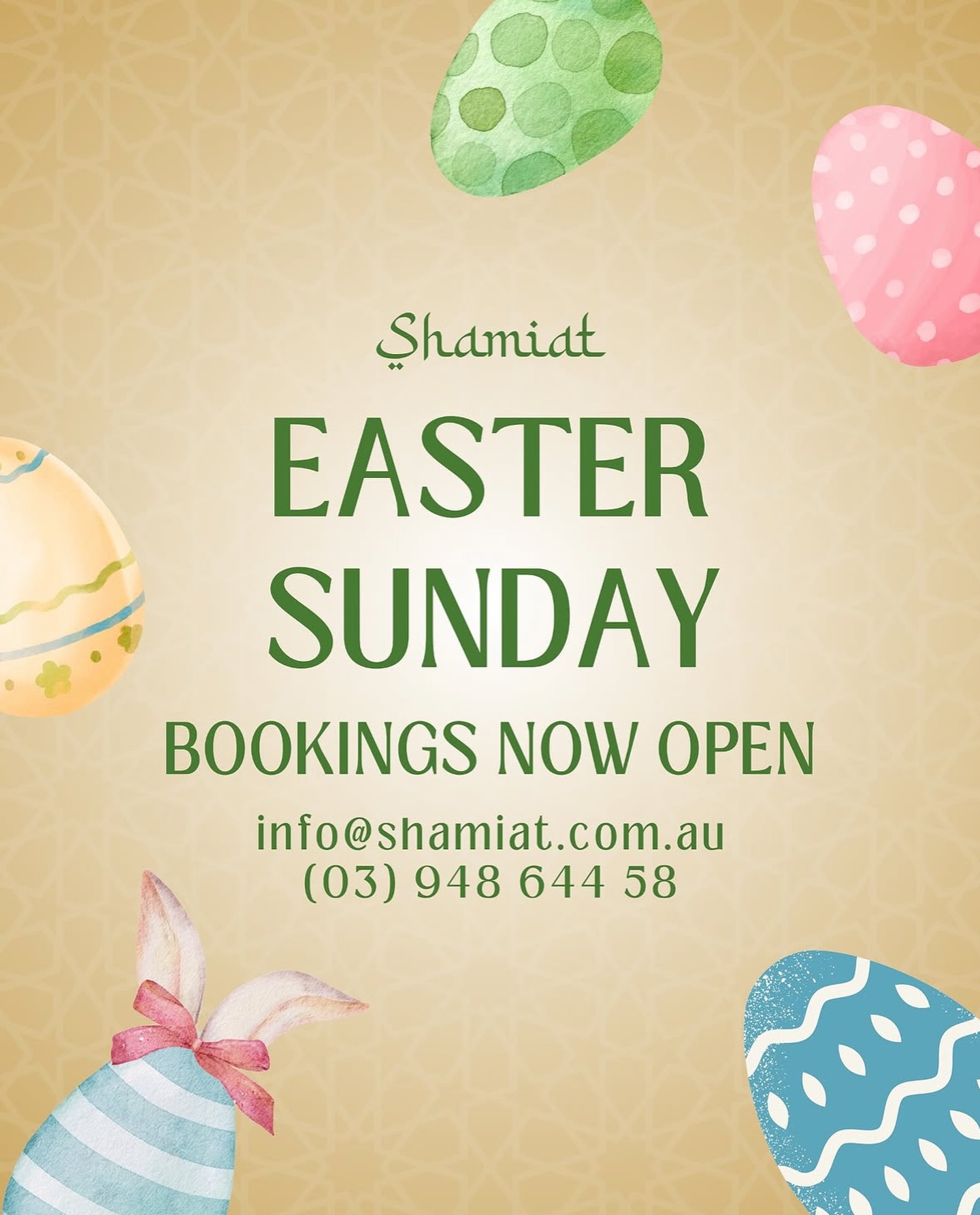 Celebrate Easter Sunday at Shamiat! ๐ Gather your loved ones around for a delicious meal within a beautiful traditional atmosphere
โ๏ธ Call to book: (03) 948 644 58
โ๏ธ Email: info@shamiat.com.au
๐ 64 Victoria Rd, Northcote