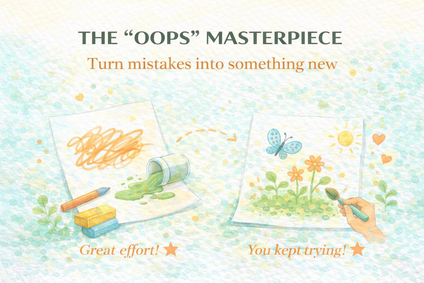 Give your child a blank page and some art supplies.
Encourage them to draw freely.
When a “mistake” happens — a scribble, a spill, a wrong line — pause and say:
“I wonder what we could turn this into.”
Maybe it becomes:
• a monster
• a cloud
• a whole new picture
This activity helps kids experience something powerful:
Mistakes don’t have to be erased.
They can be transformed.