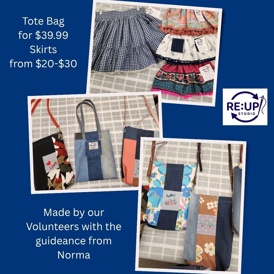 Come and check out our one of a kind repurposed bags and skirts. In store for sale.