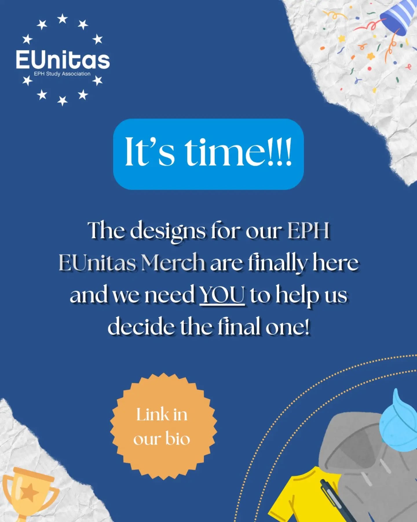 ‼️ IT'S FINALLY HERE‼️
The long awaited EPH / EUnitas merch is on the way! 🥳
Our wonderful PR committee and some of you created wonderful designs for our merch pieces and it's time to decide the winners of your hearts 😝🫢
📆 Vote for the best merch designs until 23:59 15th of April
Link in our bio 📌