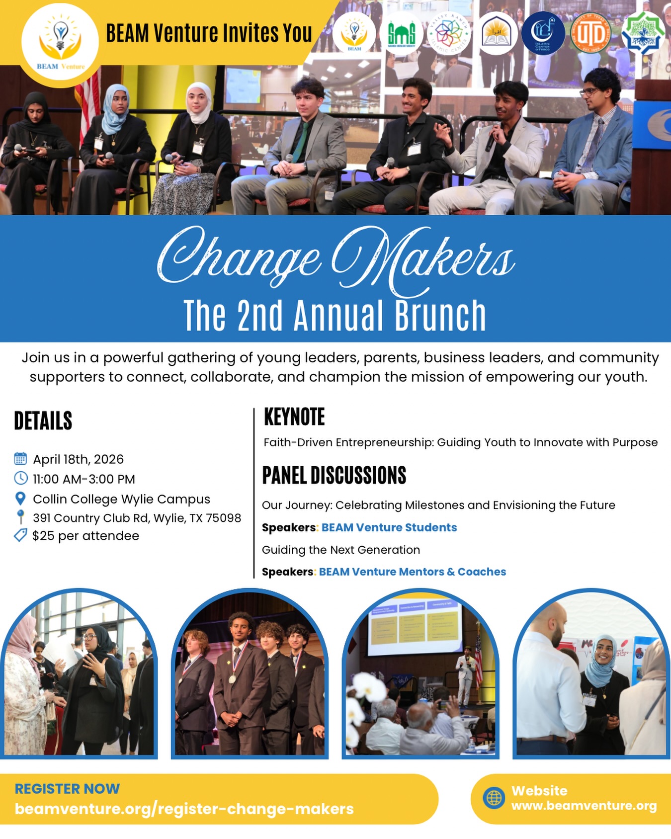 We’re pleased to invite you to our most anticipated gathering of the year—Change-Makers: The 2nd Annual Brunch.
This gathering brings together our students, parents, mentors, and community leaders to connect, reflect, and build forward—together.
We will celebrate the journeys of our students, hear meaningful insights from youth and mentors, strengthen our community connections, and look ahead to what we are building for the next generation.
We would truly love to have you with us.
Register by Wednesday 04/08
beamventure.org/register-change-makers