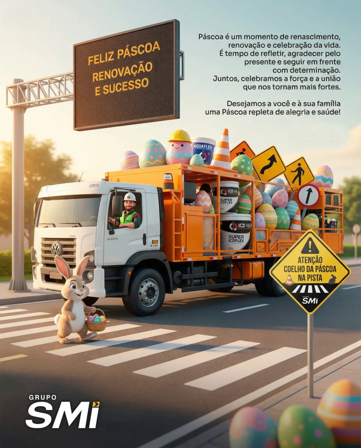 Feliz Páscoa com propósito, união e segurança no caminho. 🐰✨
Seguimos levando inovação e soluções que transformam a mobilidade, sempre com o compromisso de construir um futuro mais seguro para todos.
Que este momento de renovação inspire novos caminhos, fortaleça parcerias e traga ainda mais conquistas.
🚧💛 Feliz Páscoa, Grupo SMI!