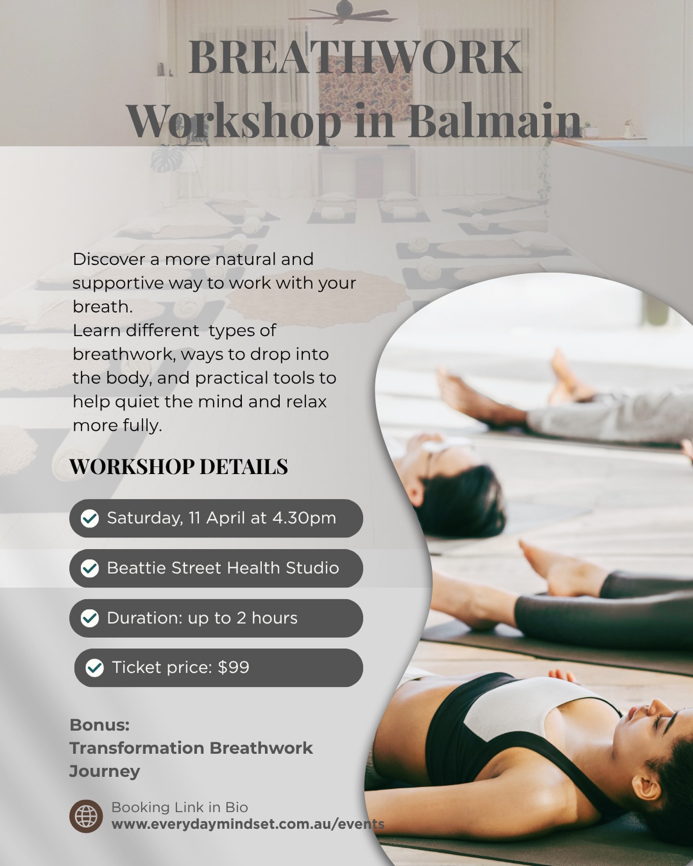 If you’ve been craving a deeper exhale, this is for you. 🤍
My Breathwork Workshop in Balmain is a space to slow down, reconnect with your body, and learn supportive ways to work with your breath.
We’ll explore different types of breathwork, ways to drop out of the busy mind and into the body, and practical tools to help you feel calmer, more grounded, and more relaxed.
This is for you if you’ve been feeling:
✨ stressed or overwhelmed
✨ disconnected from yourself
✨ mentally “on” all the time
✨ like you need a reset
And as a bonus, we’ll close with a Transformation Breathwork Journey.
📍 Beattie Street Health Studio, Balmain
🗓 Saturday, 11 April at 4.30pm
⏳ Up to 2 hours
🎟 $99
If this feels like something your body has been asking for, I’d love to have you there.
Book via the link in bio ✨
And feel free to share this with someone who might really benefit. 🤍