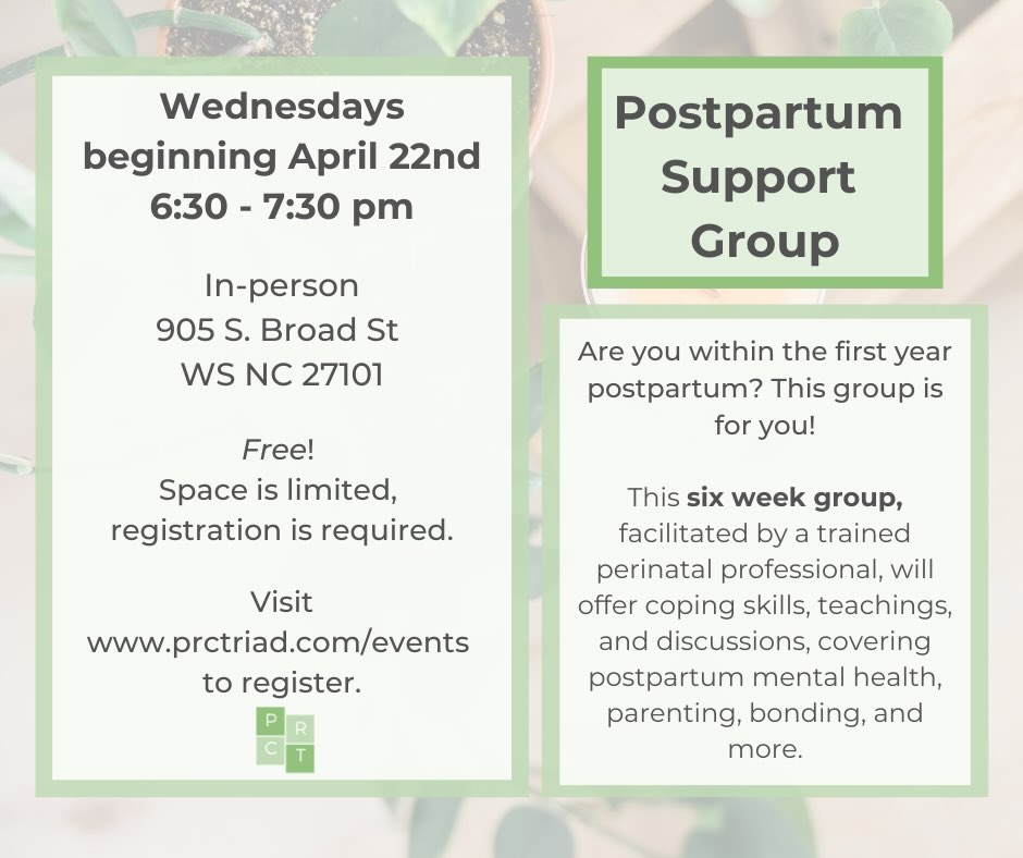 Our next free Postpartum Support Group starts soon! 💚 If you are about to give birth or are within the first year postpartum, this 6 week group is for you.
Where: 905 S Broad St. Winston-Salem, NC
When: Wednesday evenings starting April 22nd, and ending 6/3, skipping the week of 5/27.
Why: To get support postpartum and learn ways to cope with this transition alongside other postpartum moms.
This group is free and registration is required. These spots fill up quickly! Visit www.prctriad.com/events to register.
#triadnc #mentalhealth #winstonsalemmoms