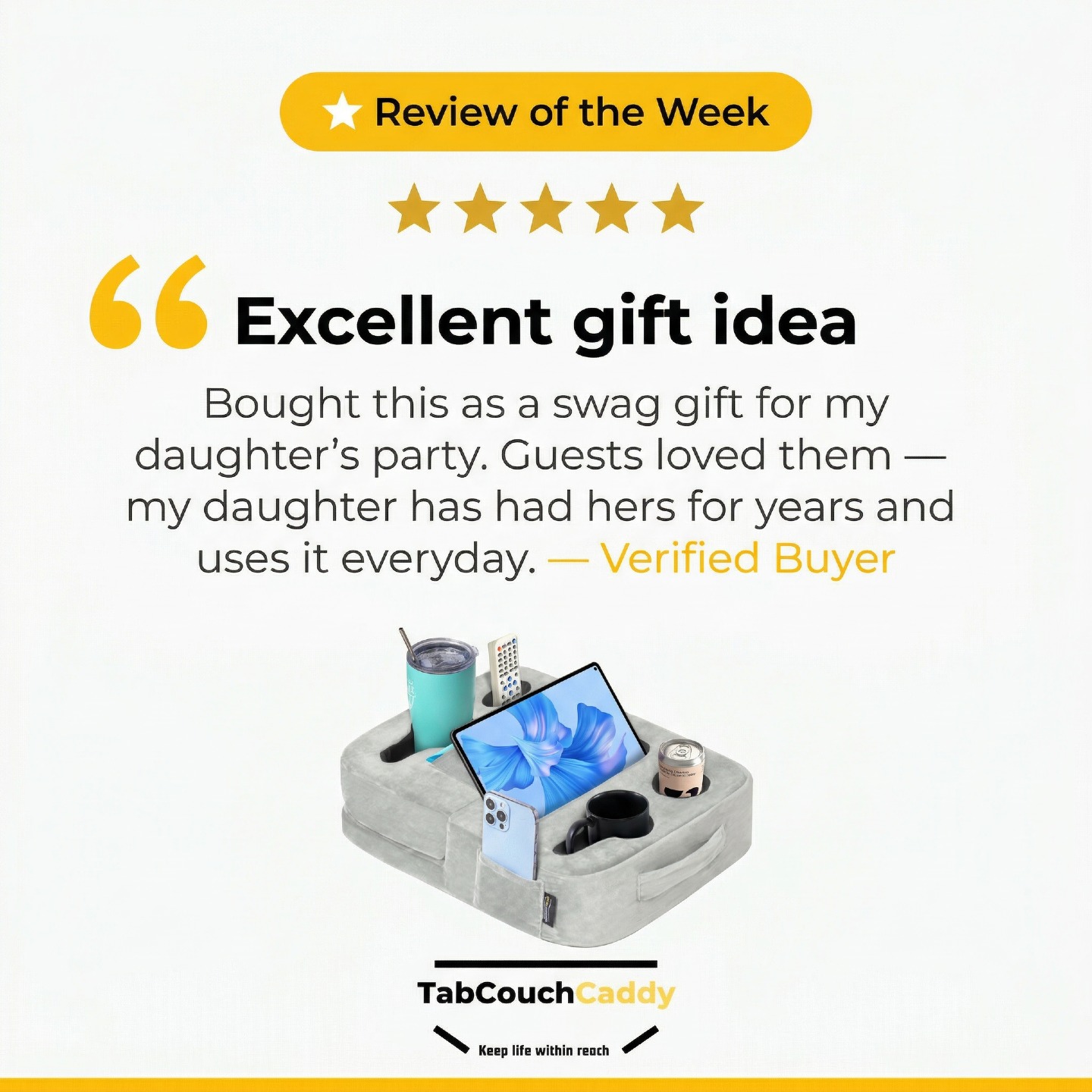 ⭐⭐⭐⭐⭐ Real reviews. Real comfort.
This week's Review of the Week says it all! 🎉 When your guests love it AND your daughter uses it every single day — that's a win. 🛋️☕
The TabCouchCaddy Couch Cup Holder — the gift that genuinely keeps giving.
🎁 Looking for the perfect gift? You just found it.
👉 Shop now: www.tabcouchcaddy.com
#TabCouchCaddy #ReviewOfTheWeek #CouchCupHolder #CustomerLove
