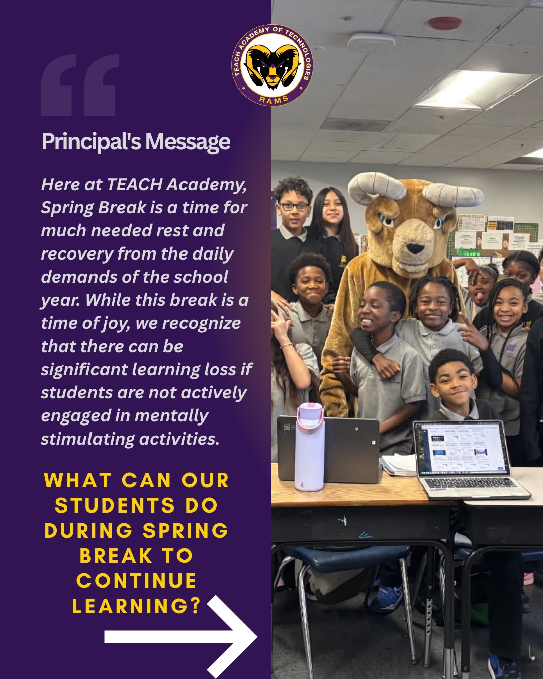A special message from our Interim Principal 💛💜
Wishing all TEACH Academy of Technology families a safe, restful, and joyful Spring Break! Take this time to recharge, spend time with loved ones, and come back ready to finish the school year strong. We look forward to welcoming everyone back soon! 📚✨
#SpringBreak #PrincipalMessage #SchoolCommunity #RestRecharge #TEACHPublicSchools
