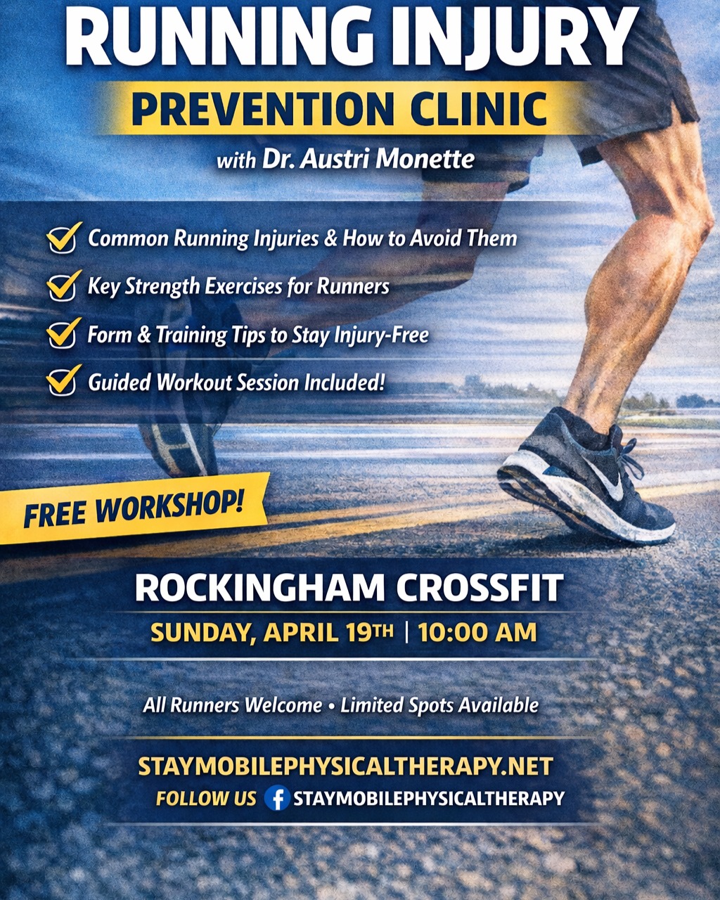 Coming soon for all @rockinghamcrossfit members 👟🔥
Kick-start your running season the right way with smart injury prevention strategies designed to keep you strong, fast, and pain-free.
Join me on Sunday, April 19th at 10:00 AM for a fun, interactive, hour-long workshop you won’t want to miss!
Let’s build better runners—see you there 💪