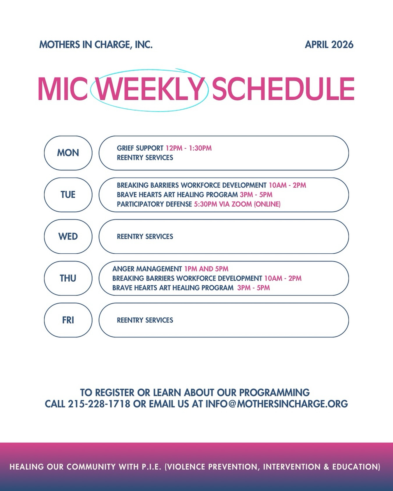 Here’s what’s happening this week at Mothers In Charge!
Take a look at the schedule, share with someone who may need it, and join us as we continue the work of healing and prevention together.
For questions or to get connected, call 215-228-1718 or email info@mothersincharge.org.
#MothersInCharge #phillyevents #CommunityHealing #ViolencePrevention #griefsupport