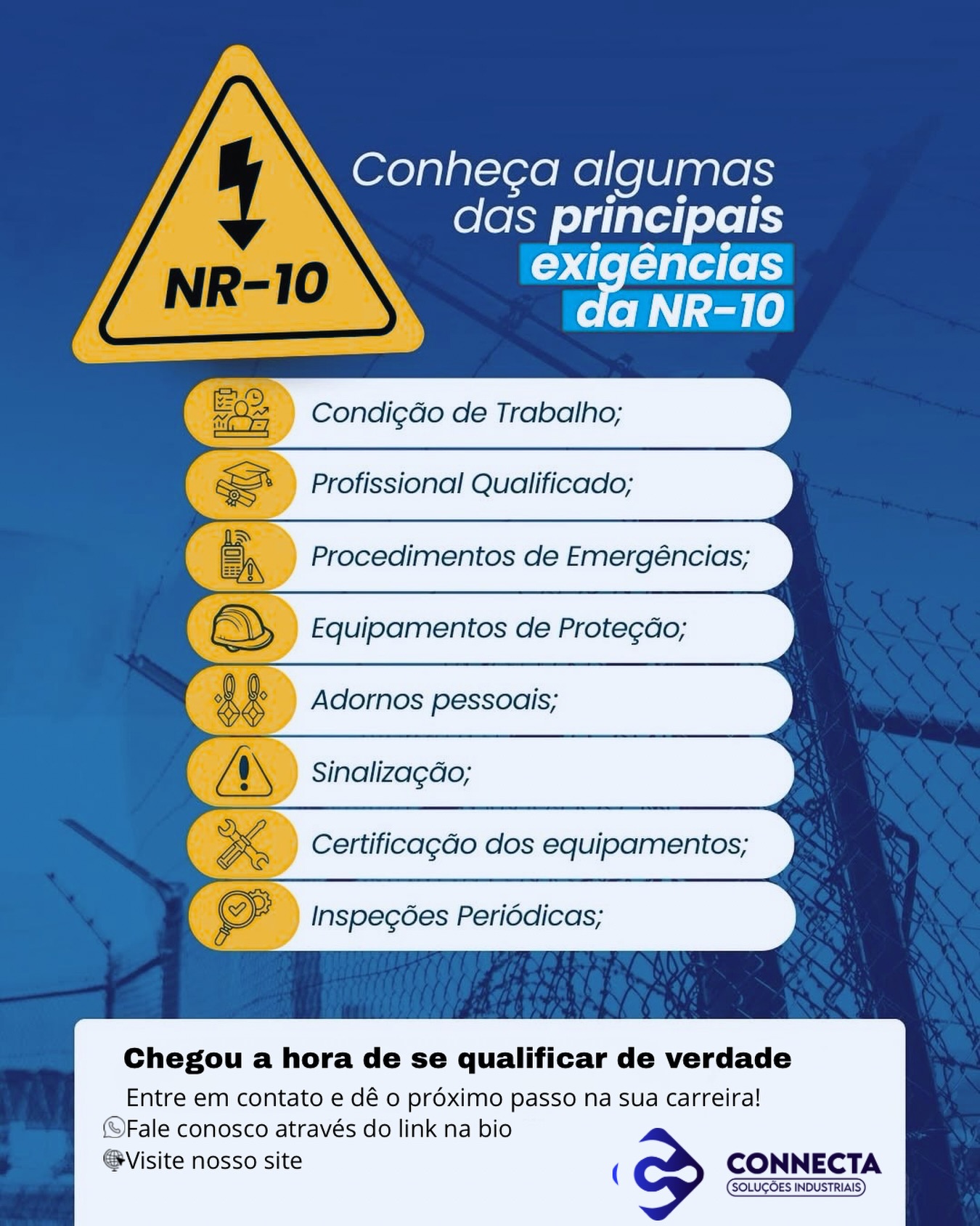 ⚡ Segurança em primeiro lugar!
A NR-10 não é apenas uma exigência, é essencial para proteger vidas e garantir um ambiente de trabalho seguro. Cada detalhe faz a diferença — desde a qualificação profissional até o uso correto dos equipamentos.
🚧 Invista no seu conhecimento, valorize sua segurança e destaque-se no mercado!
📲 Entre em contato e dê o próximo passo na sua carreira.
#nr10 #segurançanotrabalho #qualificacaoprofissional #energia #connecta
