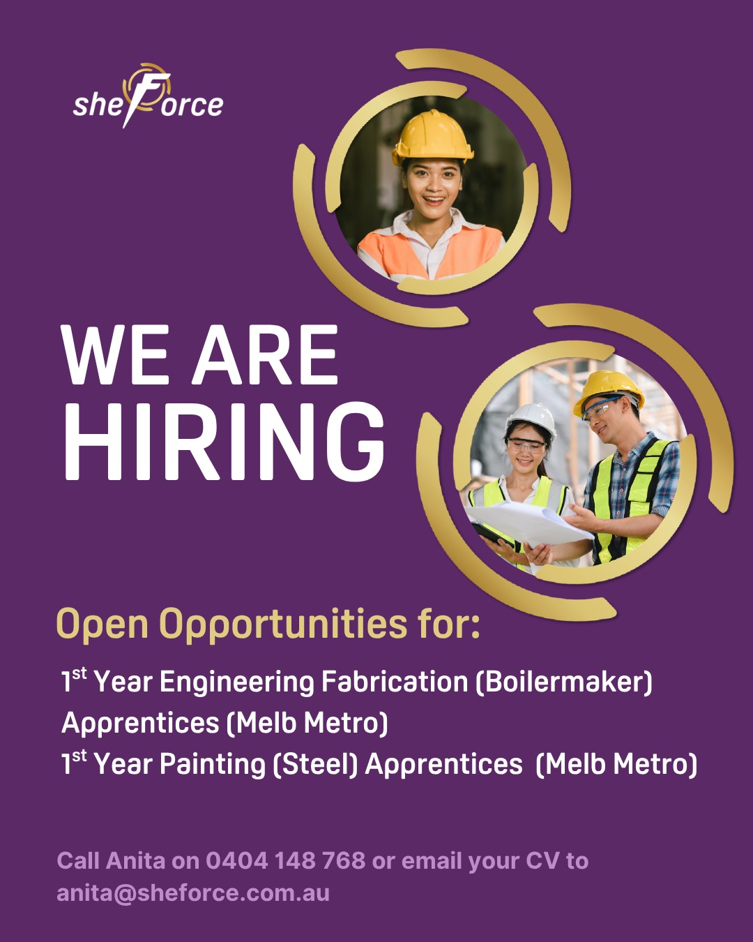 We’re recruiting Engineering Fabrication (Boilermakers) and Painting (Steel) Apprentices for our host employers on major projects across Metro Melbourne.
This opportunity directly supports the goals of Victoria’s Building Equality Policy, helping increase the participation of women in construction and onsite roles.
As a GTO, Sheforce specialises in supporting women to thrive onsite through dedicated mentoring, regular check ins, and practical guidance throughout the apprenticeship. Our focus is on creating safe, supported, and sustainable entry pathways into the trades.
We’re seeking candidates with a Cert II in Building & Construction or onsite labouring experience, a driver’s licence, reliable car, and a positive, willing to learn attitude.
If you’re a woman ready to start your career in the trades, we’d love to hear from you.
Build your future with Sheforce!
#sheforce
#womeninconstruction #BuildingEqualityPolicy #constructioncareers #paintingapprenticeship #womenintrades #melbournejobs #constructionjobs #apprenticeships #diversityandinclusion #boilermakerapprenticeship #workforcedevelopment