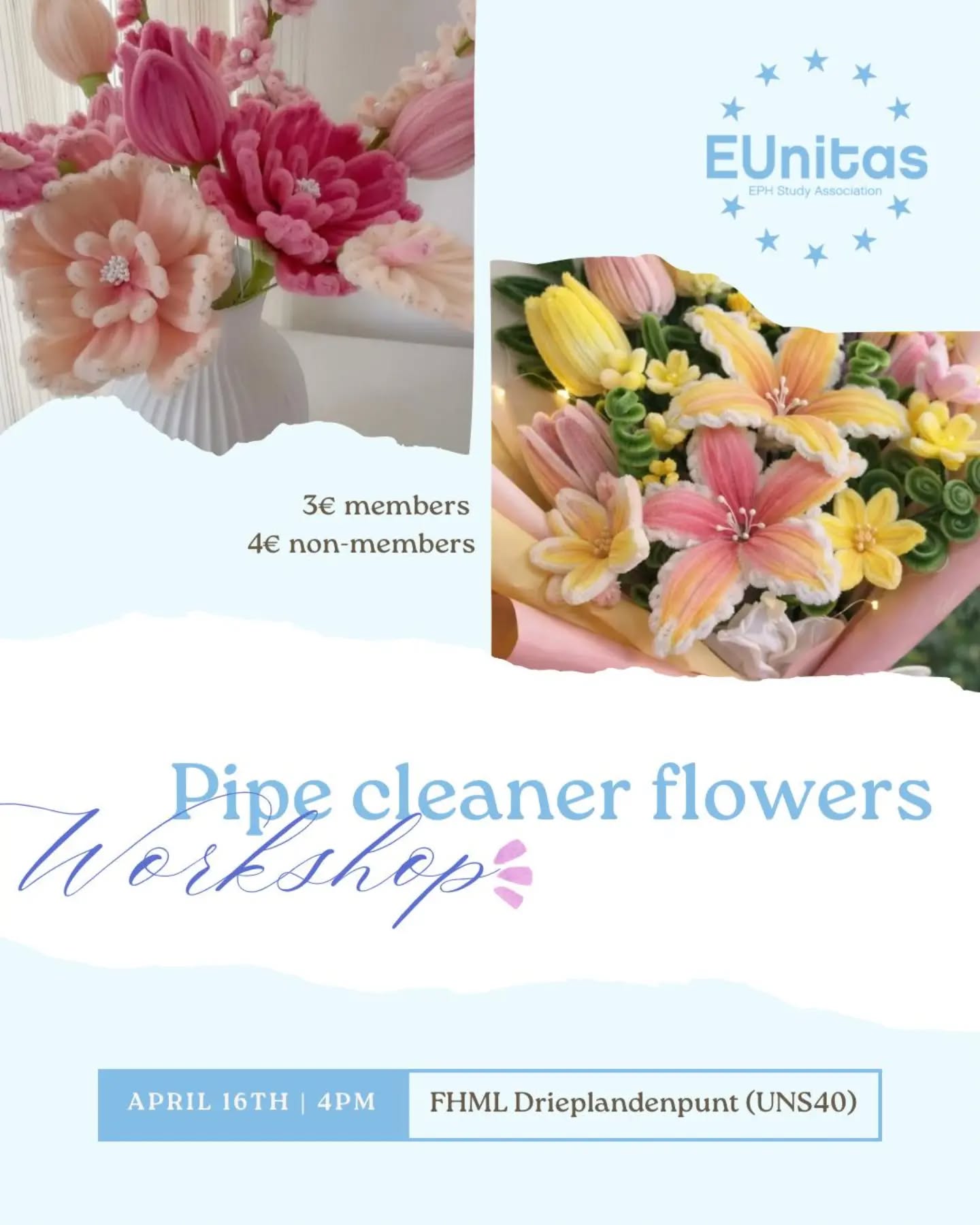 Want to make cute decorations for your room while also having a good time?
Join us in our pipe cleaner flowers workshop! 🌷
Where you can let your creativity flow, learn to make your own flowers, and bring them home!! 💐
⏰ Thursday 16th of April (16:00)
📍 FHML drielandenpunt (UNS40)
3€ for members
4€ for non-members
See you there!
*Link in the bio 🧑💻