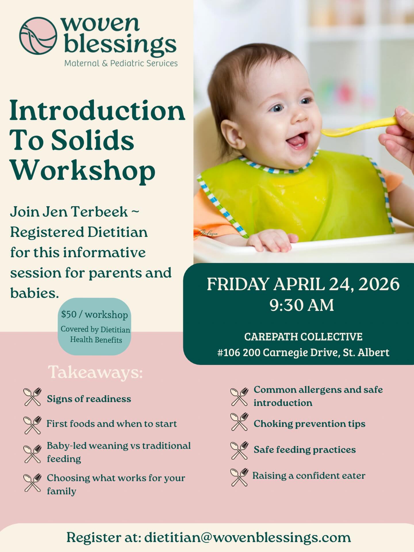 🍎 Join us for an hour of learning! Jenn - our experienced dietitian who LOVES babies has all the information you need to start your babe on solid foods 🥣
DM us for more info or register at dietitian@wovenblessings.com