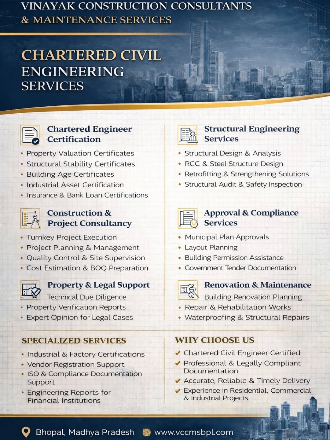 🏗️ Building Trust. Delivering Excellence.
At Vinayak Construction Consultants & Maintenance Services, we don’t just construct structures — we deliver certified engineering solutions you can rely on.
From Chartered Engineer Certifications to Structural Design, Project Consultancy, and Legal Technical Support, we ensure every project stands strong — technically and legally.
📍 Bhopal | Serving Residential • Commercial • Industrial Projects
📞 6264441636
🌐 www.vccmsbpl.com
👉 Need certification, approval, or expert engineering guidance? Let’s connect.
#CivilEngineering #CharteredEngineer #ConstructionIndia #BhopalBusiness #EngineeringConsultant StructuralEngineering RealEstateIndia PropertyConsultant ConstructionLife InfraDevelopment EngineeringServices StartupIndia BusinessIndia ContractorsOfIndia SiteEngineering CivilEngineerLife BuildingDreams ProjectManagement ConstructionExperts VinayakConstruction