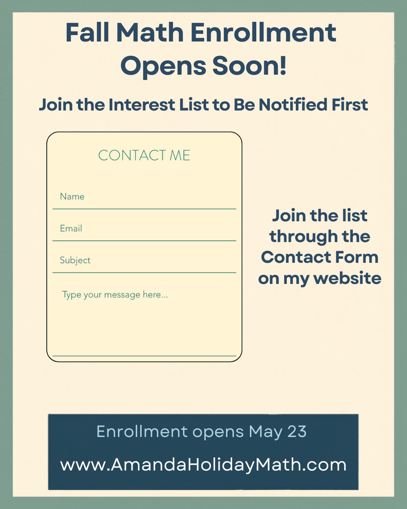 Planning ahead for fall math?
📋Enrollment for my live online Singapore Math® classes (Grades 1–7) will open soon. Families on my interest list receive early updates about schedules, placement guidance, and registration dates.
If your child may be joining next year, this is the best way to stay informed.
Many classes fill quickly each year, so I encourage families to join the list early.
💻Visit
www.amandaholidaymath.com
and complete the Contact Form in the menu to let me know you would like to receive enrollment updates!