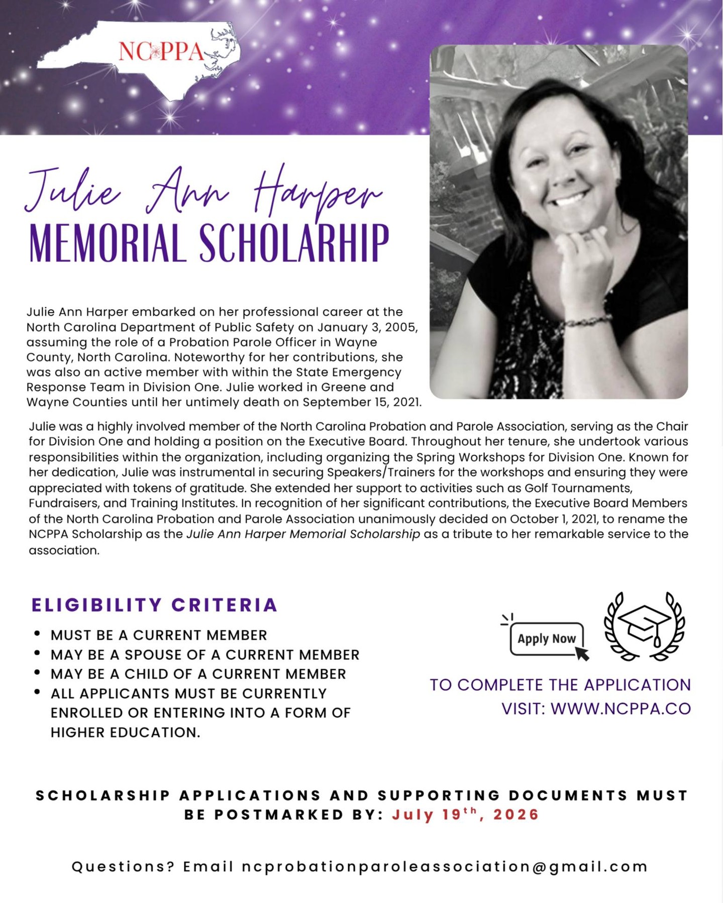 We are proud to announce that applications for the Julie Ann Harper Memorial Scholarship are now officially open!
This scholarship serves as a tribute to Julie’s remarkable service to the North Carolina Probation and Parole Association. Her dedication to her community and her colleagues continues to inspire us, and we are honored to support the next generation of leaders in her name.
📝 Eligibility Details:
Must be a current NCPPA member, or the spouse/child of a current member.
Must be currently enrolled or entering into a form of higher education.
📅 Important Deadline:
All applications and supporting documents must be postmarked by July 19th, 2026.
🔗 How to Apply:
Visit our website to complete your application today: 👉 www.ncppa.co
#NCPPA #ScholarshipOpportunity #JulieAnnHarperMemorial #HigherEducation #NorthCarolina #ProbationAndParole #CommunityLegacy