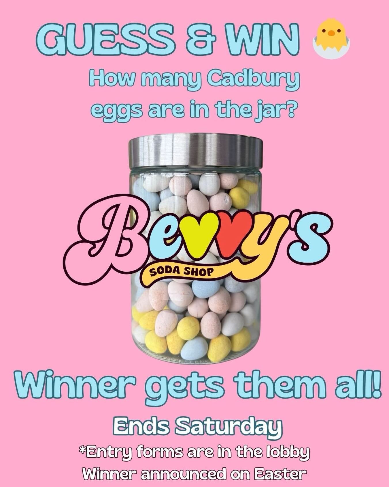 How good is your guess game? 👀🐣
We filled a jar with mini Cadbury eggs and one lucky winner is taking home the whole jar!
Here’s how to play:
👉 Stop by Bevvy’s Lobby
👉 Take your best guess
👉 Closest one wins!
📅 Last day to enter: Saturday
🏆 Winner announced Easter Sunday
Don’t overthink it… or do 😏