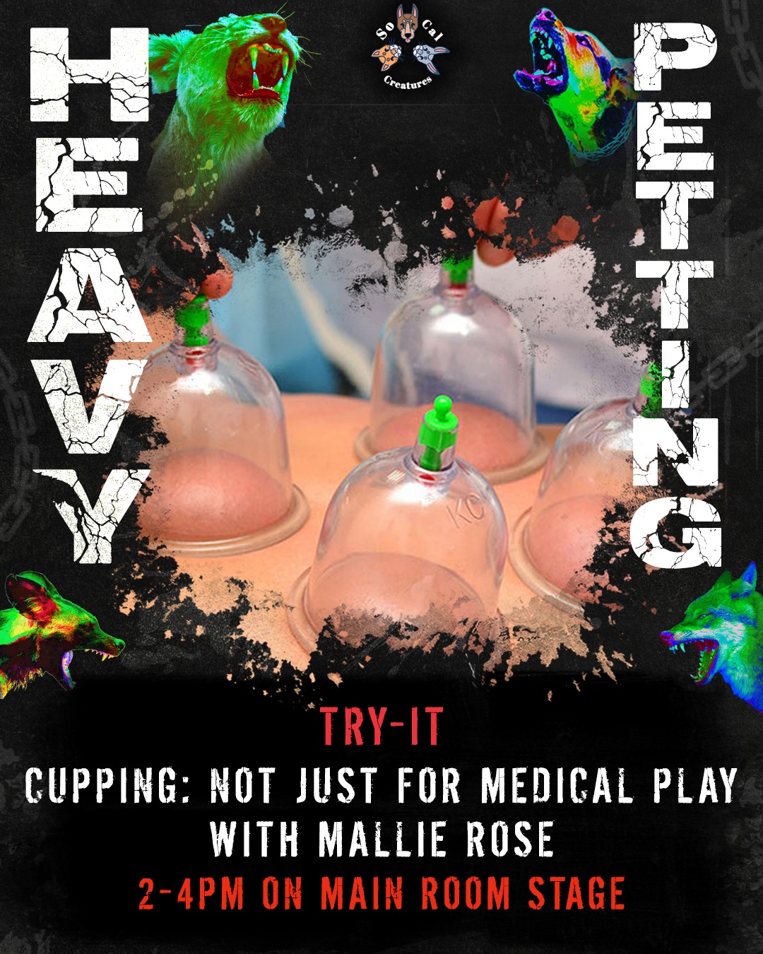 Experience VACU-CUPPING at Heavy Petting this Saturday!
Try-It Booths are first come first serve. No more than 2 people in line at a time to preserve walkways.
โจ Cupping: Not Just for Medical Play with Mallie Rose โจ
**About the Booth**
THIS IS NOT FIRE CUPPING - however, many of the principles are the same. This vacuum cupping demo combines sensation play kink and traditionally medical pain relief, whether it be from chronic conditions or acute stressors.
**About the Facilitator**
IMallie Rose is a bottom that has been in the scene for four years now. They experience most of kink from the right side of the slash but enjoy and are experienced in service topping sensation play, such as: wax play, cupping, and sensual massage.
---
Join us for the knottiest dark pet play event on April 11th at @910weho! Link in bio ๐ฅต
