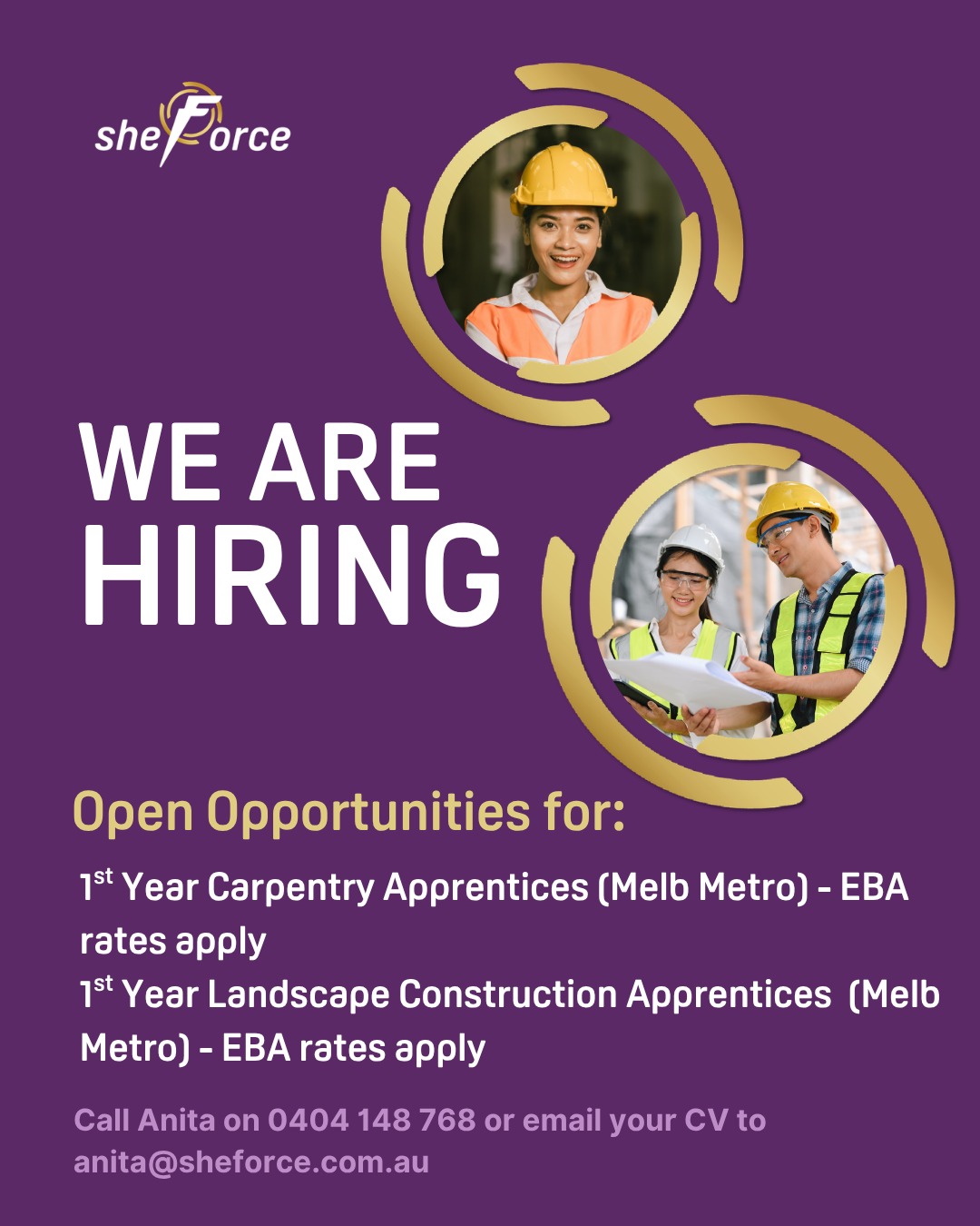 We’re recruiting Carpentry and Landscape Construction Apprentices for our host employer on major projects across Metro Melbourne.
This opportunity directly supports the goals of Victoria’s Building Equality Policy, helping increase the participation of women in construction and onsite roles.
As a GTO, Sheforce specialises in supporting women to thrive onsite through dedicated mentoring, regular check ins, and practical guidance throughout the apprenticeship. Our focus is on creating safe, supported, and sustainable entry pathways into the trades.
We’re seeking candidates with a Cert II in Building & Construction or onsite labouring experience, a driver’s licence, reliable car, and a positive, willing to learn attitude.
If you’re a woman ready to start your career in the trades, we’d love to hear from you.
Build your future with Sheforce!
#sheforce
#womeninconstruction #BuildingEqualityPolicy #constructioncareers #carpentryapprenticeship #womenintrades #melbournejobs #constructionjobs #apprenticeships #diversityandinclusion #landscapeconstructionapprentice #workforcedevelopment