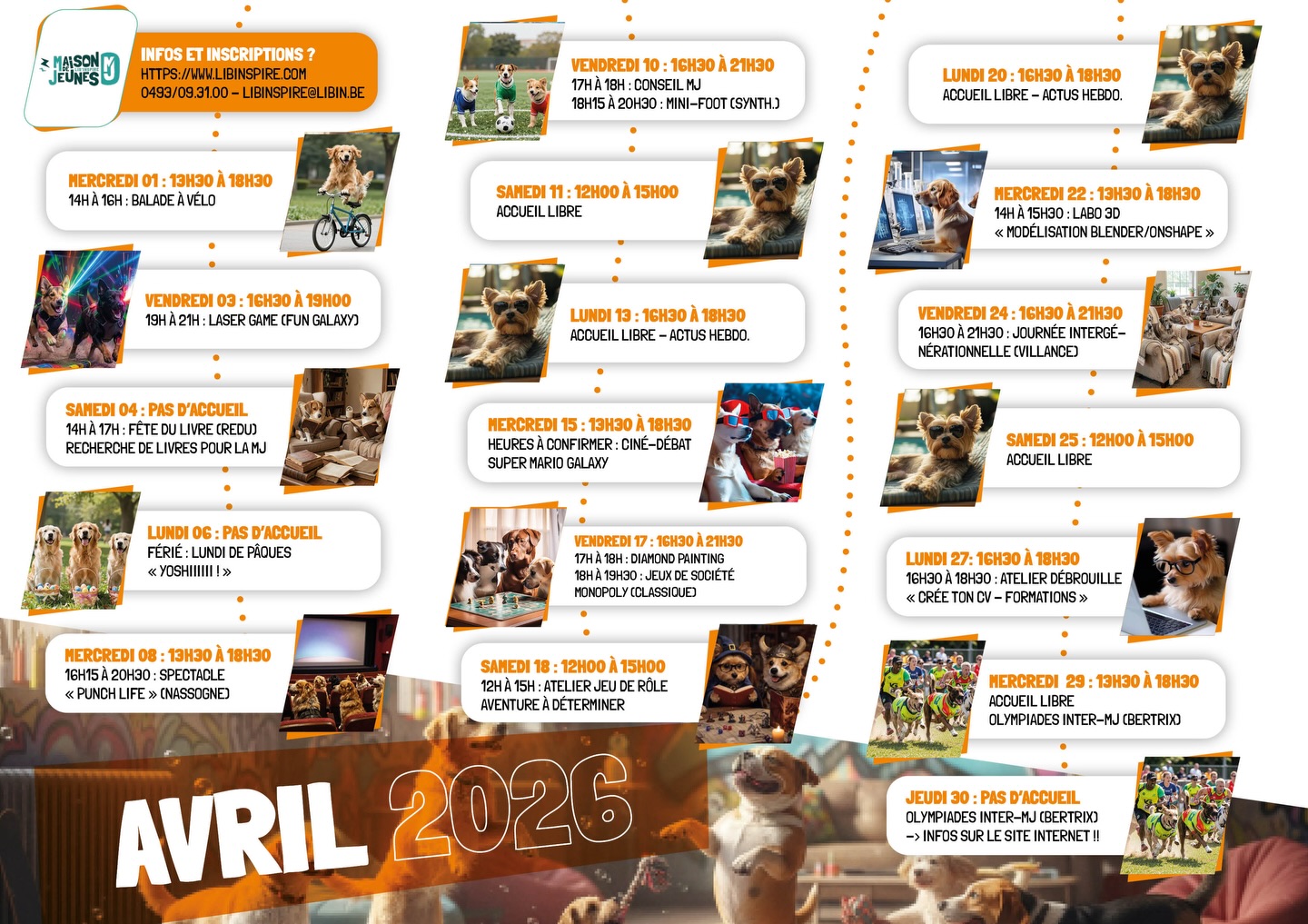 Avril arrive à la MJ avec ses couleurs printanières et une touche de Pâques : activités créatives, jeux, sorties et moments chill pour profiter des vacances et partager de bons moments ensemble 🐣🌸
Toutes les inscriptions peuvent se faire sur le site internet :
https://www.libinspire.com/
Si vous avez des questions ou des soucis, vous pouvez nous contacter par mail, téléphone, commentaires, réseaux sociaux ou via le formulaire du site internet 🙂