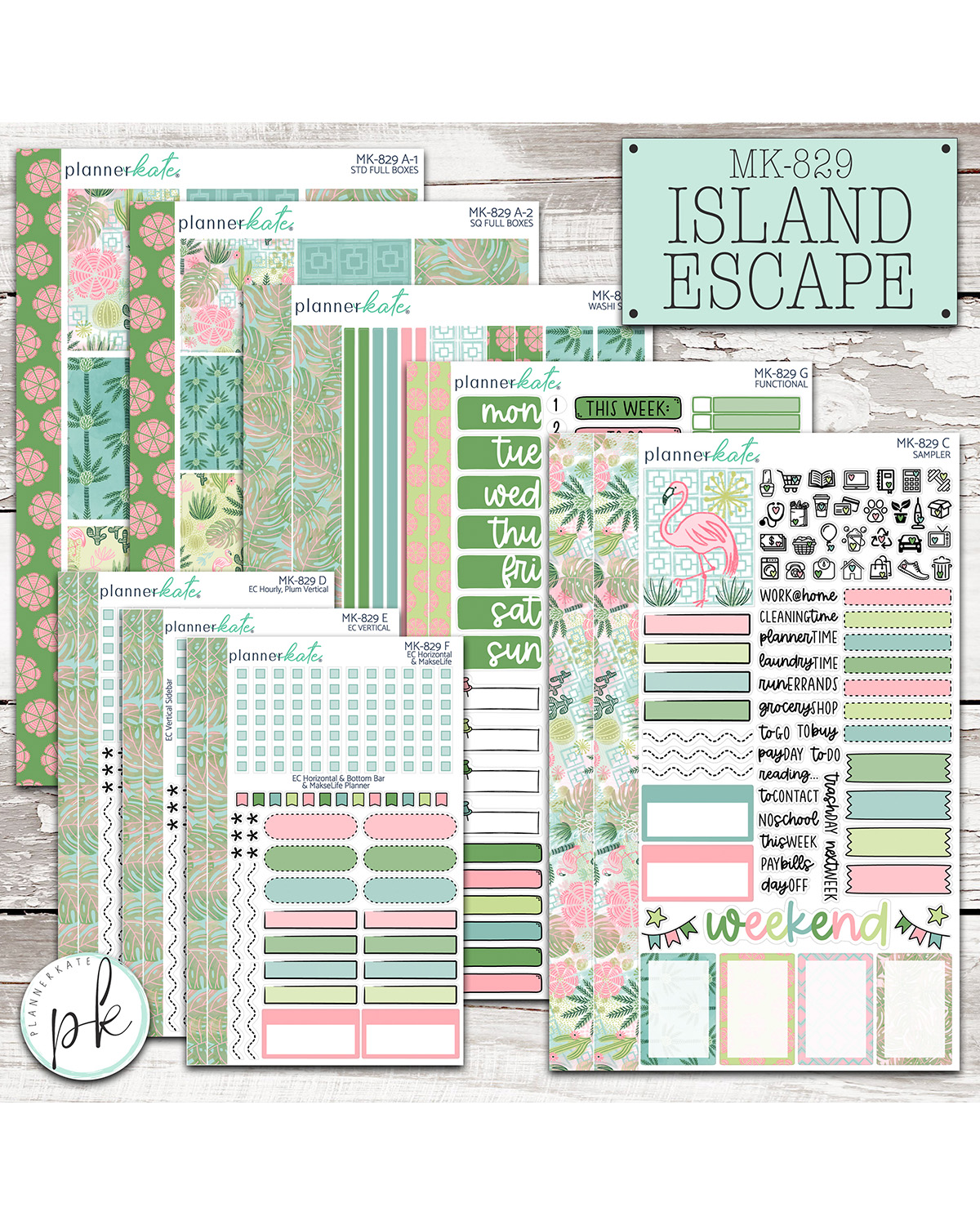 PlannerKate June Sneaks are LIVE on the PK Blog today!! See you Monday for the June Release at 9am EST!!
MK-829 ISLAND ESCAPE
Drift into relaxed summer vibes with Mini Kit MK-829: Island Escape—a soft and dreamy take on tropical planning that feels like a getaway in every spread. This kit is filled with lush tropical florals, playful flamingos, and a mix of fun patterns that bring just the right touch of island charm. The color palette leans into softer summer tones, featuring muted tropical greens, gentle coral, and the perfect hint of aqua for a look that’s both calming and refreshing. Whether you're planning a vacation or just want your pages to feel like one, Island Escape sets the mood. So grab a cocktail, settle in with your planner, and let this kit transport you somewhere warm, breezy, and beautifully laid-back. 🌴🍹