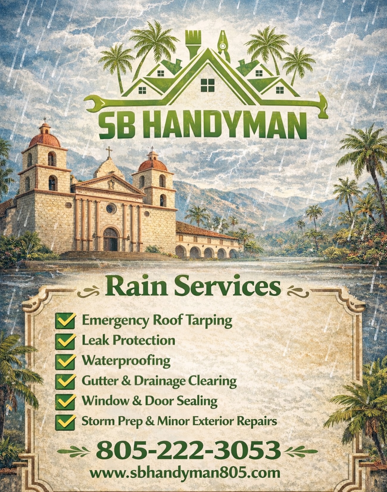 When the storm rolls in, SB Handyman is ready 🌧️🔨
Need help protecting your home before or during the rain? We can help with:
Emergency roof tarping
Leak protection
Waterproofing
Gutter + drainage clearing
Window + door sealing
Storm prep + minor exterior repairs
Don’t wait until a small leak turns into a big headache. Get ahead of the storm and protect your property now.
📞 805-222-3053
🌐 www.sbhandyman805.com
Serving Santa Barbara county with reliable, professional handyman service.
#SBHandyman #SantaBarbaraHandyman #SantaBarbara #Montecito #Goleta