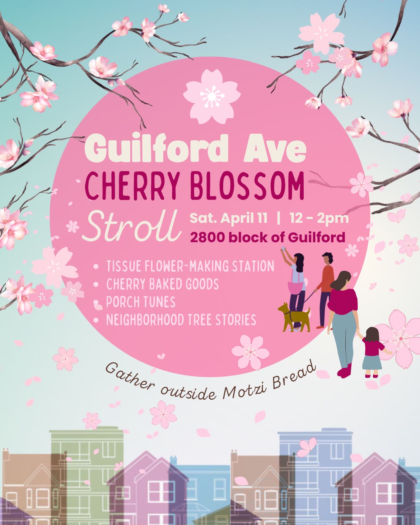This Saturday! Come enjoy spring blooms as part of the annual Guilford Ave Cherry Blossom Stroll. There will be crafts, live music, make-your-own-bouquets, and treats from the bakery. We'll also have special edition naturally tie-dyed (by @blue.lightjunction) cherry blossom Motzi tees on special! 🌸☺️🌷