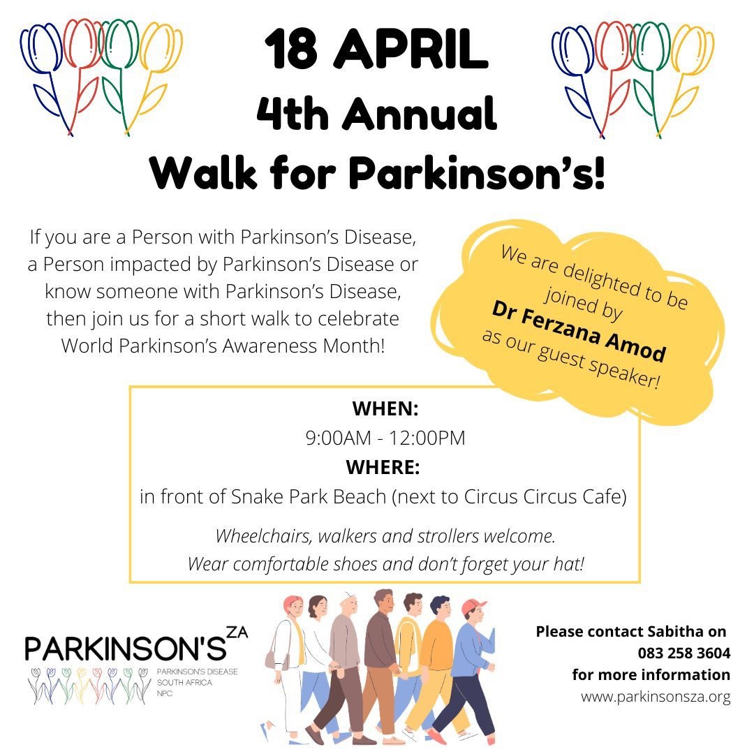 As you might know⦠April is Parkinsonās Awareness Month! Weāre grateful for another opportunity to come together, raise awareness, and share a meaningful morning with the Parkinsonās ZA community š
Come along with your friends and family for our annual walk in Durban.