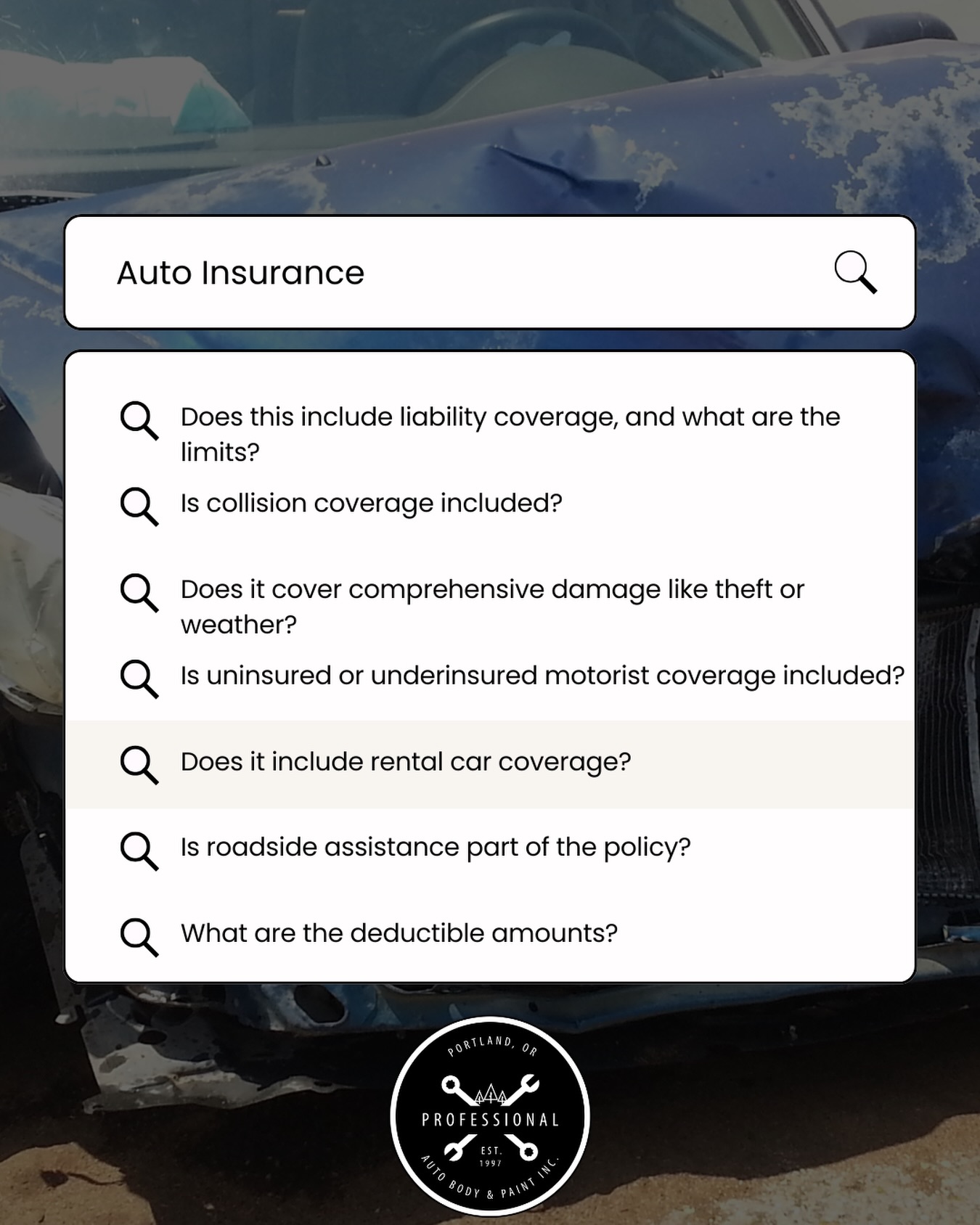 Good morning ☀️
After an accident, most people don’t know where to start.
So they do what we all do… search online 💻
“What’s a deductible?”
“How long do repairs take?”
“What does my insurance actually cover?”
It can feel overwhelming, especially if it’s your first claim.
That’s why we’re here 🩷
At Professional Auto Body & Paint, we’ve been helping our community since 1997. We’re a local, family-owned shop built on experience, honesty, and real support when you need it most.
You don’t have to figure it all out alone.
We’ll help you understand your policy, your rights, and your options. We’ll guide you through the repair process and even advocate for you when dealing with insurance.
Because auto claims aren’t always easy—but having the right team makes all the difference 💪
If you have questions, give us a call. We’re here for you.
📍 Portland, OR
🌲 Since 1997
📞 503-281-1103
📧 INFO@PROPDX.NET
Professional Auto Body & Paint
Local. Family-owned. Here to help.
#localbusiness
#smallbusiness
#communityovercompetition
#supportsmallbusiness
#pdx