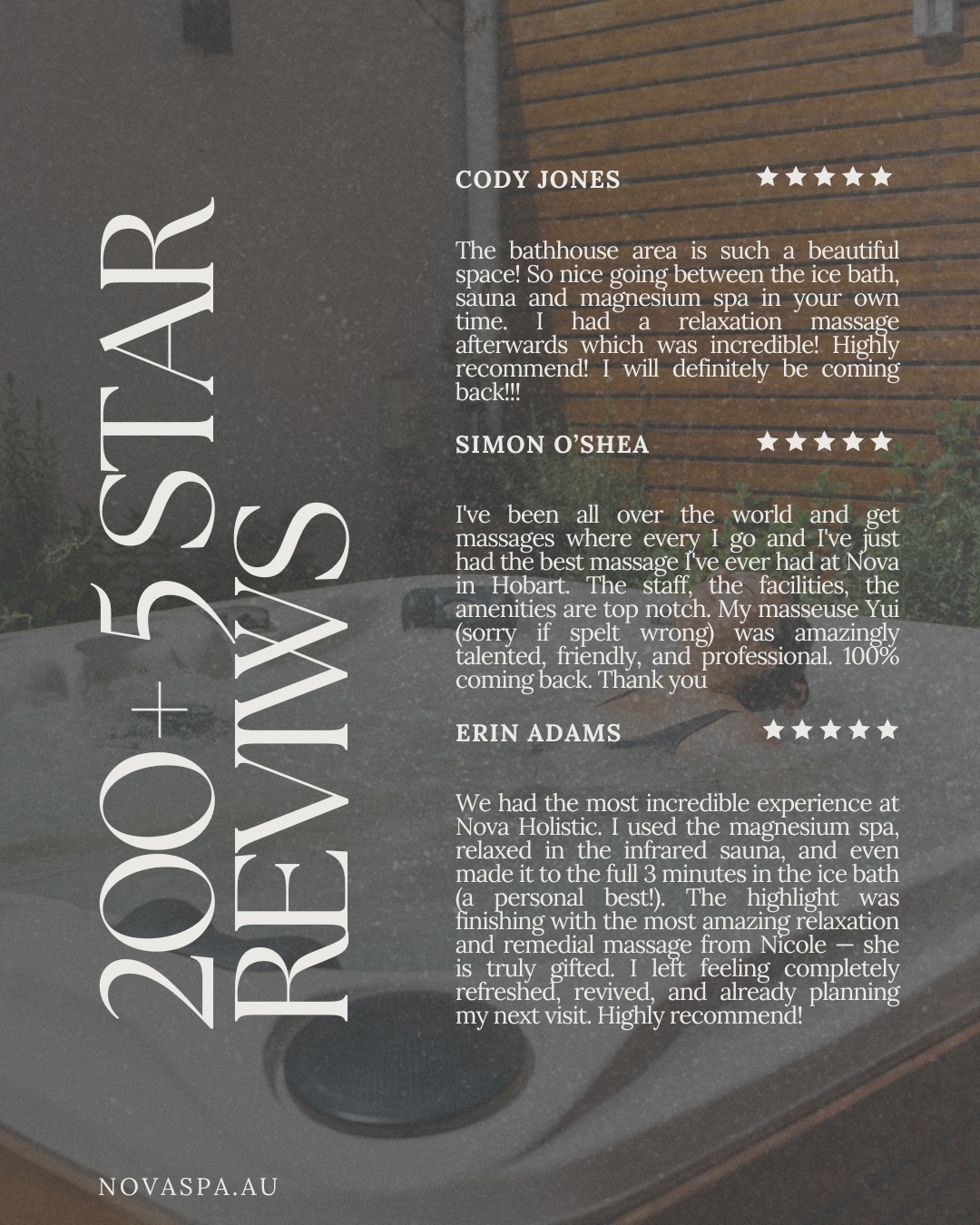 Over 200 five star Google reviews and counting.
We are incredibly grateful to every client who has taken the time to share their experience at Nova Holistic Spa. Your feedback means the world to our team and helps others discover a space dedicated to restoration, wellbeing and intentional care.
Every review reflects the moments of calm, connection and renewal that happen within our walls, and we are proud to be part of your wellness journey.
Thank you for your continued support and for allowing us to do what we love every day.
Visited us recently? Leave us a review. ✨
#novaholisticspa #hobartspa #5starreviews #clientlove #wellnesscommunity #holisticwellness #tasmanianwellness