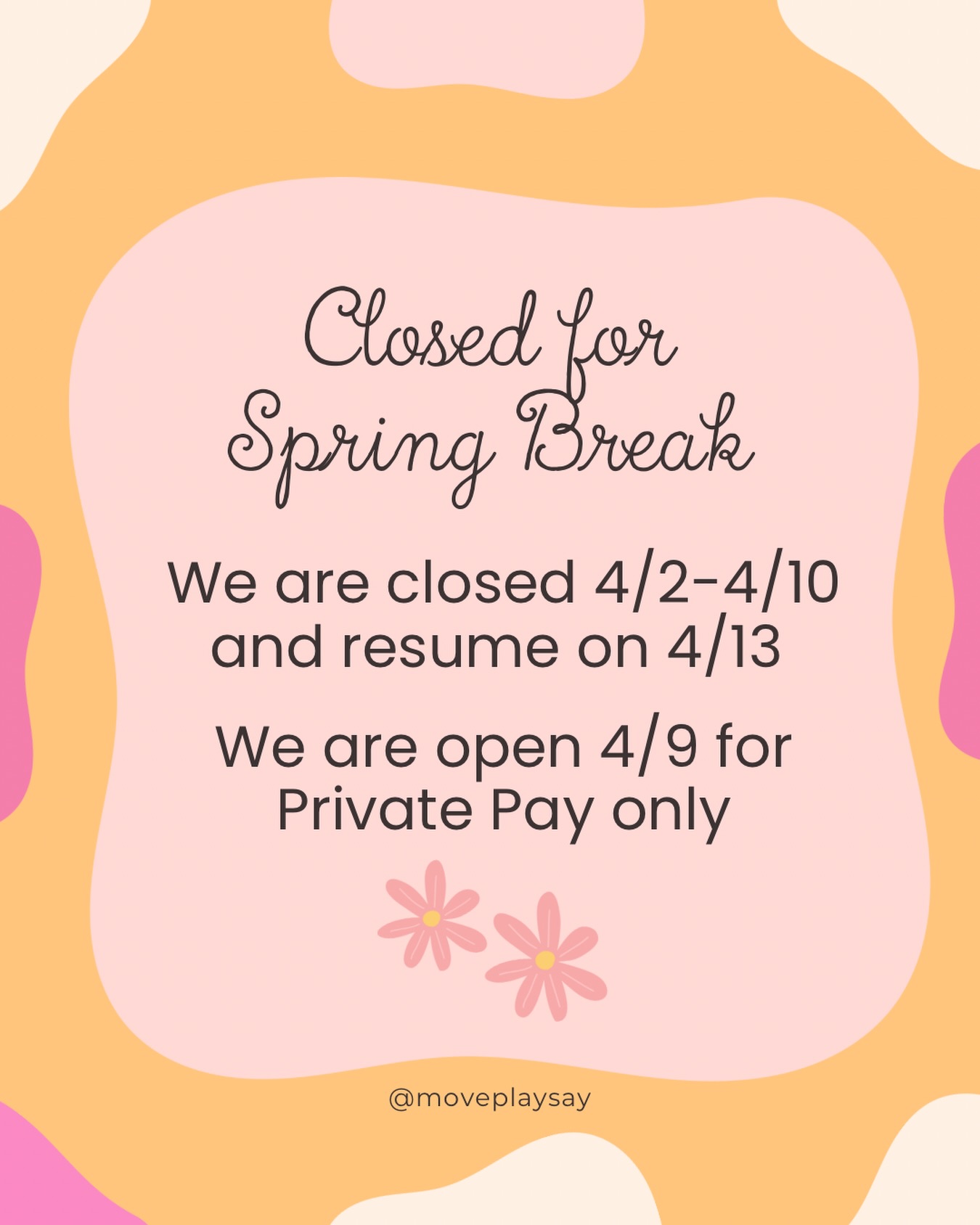 Taking a little pause for Spring Break 🌸
If you are serviced via Private Pay, be sure to save your appointment time for 4/9 as spots are first come first serve! We’ll be stepping away to rest, reset, and come back ready to keep supporting your little ones and their communication growth.
•
•
•
#pediatricSLP #speechtherapyforkids #parenttips #languagedevelopment #moveplaysay