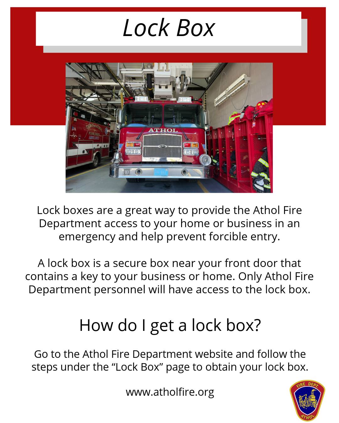 In an emergency, a lock box allows the Athol Fire Department quick access to your home or business, potentially preventing forcible entry. This secure box, located near your front door, holds a key to your property. Only authorized Athol Fire Department personnel can access it.
To get your own lock box, visit the Athol Fire Department website.
#AtholFire #Lockbox