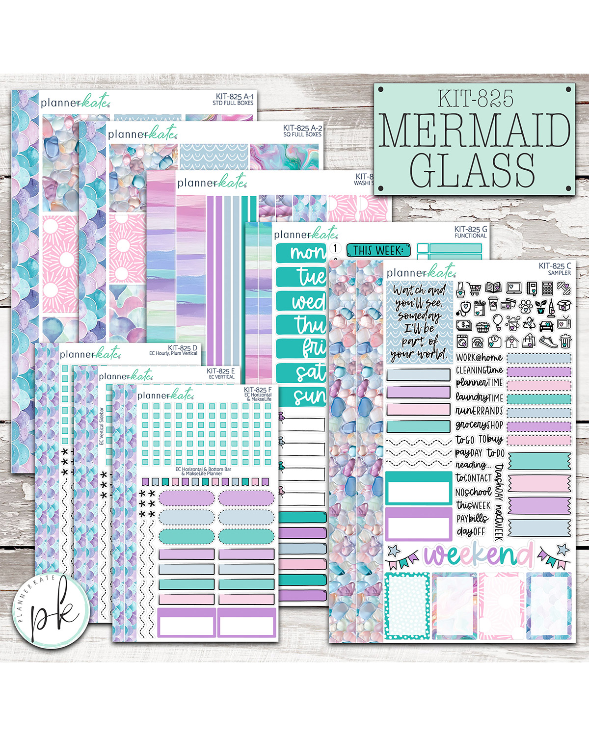PlannerKate June Sneaks are LIVE on the PK Blog today!! See you Monday for the June Release at 9am EST!!
KIT-825 MERMAID GLASS
Dive into something truly special with Kit 825: Mermaid Glass—a dreamy blend of shimmering sea-inspired hues and soft, glowing textures that feel like sunshine dancing on ocean waves. This kit captures the essence of June with a palette that’s equal parts fresh, vibrant, and soothing, paired beautifully with delicate glass-like elements that mimic sea glass treasures washed ashore.
From the moment I started designing this kit, I knew I wanted it to feel a little magical—like something you’d stumble upon during a quiet beach walk. Each piece was thoughtfully created to layer effortlessly in your spreads while still standing out with its own unique glow and dimension.
