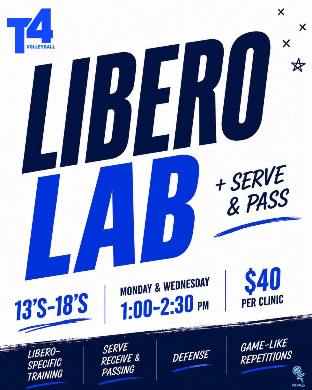 Focused training for liberos and passers looking to improve ball control, serve receive, defense, and overall consistency on the court. Expect high reps, game-like drills, and intentional feedback every session 💙🩵
Monday & Wednesday
1-2:30pm
13’s–18’s
$40 Per Clinic (School or Club Experience Required)
Register now through the T4 App or website!
#T4 #T4VBC #T4Volleyball