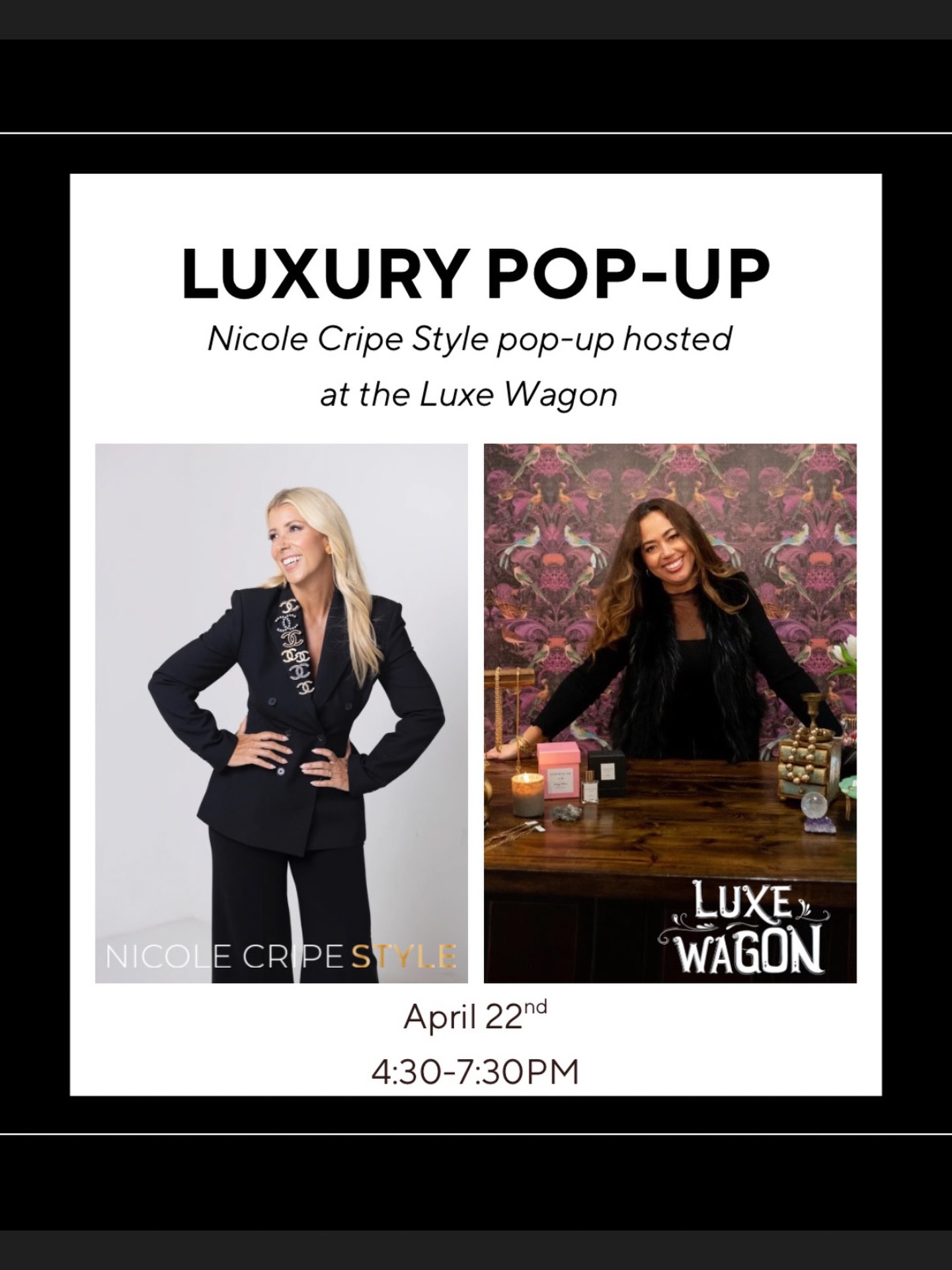 You’re invited to a truly luxe evening featuring Nicole Cripe Style, hosted by Luxe Wagon ✨
Nicole and Paige have been friends for years and are thrilled to collaborate on this exclusive event!
Join them for an evening of shopping the very best of both of their worlds, while sipping champagne, enjoying light bites and treats.
Nicole Cripe of NicoleCripeStyle is a personal stylist turned luxury consigner, known for curating stunning collections of new, like-new, pre-loved, and vintage high-end designer pieces.
Luxe Wagon is an elevated well-curated contemporary women’s boutique located in Granger, Indiana.
📍 Luxe Wagon – 214 W. Cleveland Rd, Granger, IN
📅 Wednesday, April 22
⏰ 4:30–7:30 PM EST
✨ Mark your calendars, gather your friends as we can’t wait to see you there! XO
IG: @nicolecripestyle @luxewagon