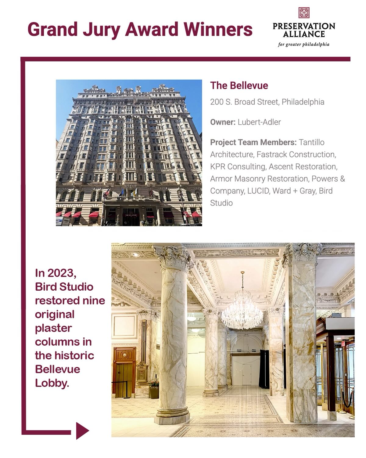 Congratulations to the winners of the 2026 Preservation Alliance Award! Bird Studio was pleased to contribute to the preservation of the historic Bellevue-Stratford Hotel, which is a Grand Jury Award Winner.
If you’ve been following along for awhile, you know this was a major project for us, and a true labor of love. Bird Studio stabilized nine major columns in the grand lobby of the Bellevue, along with work cleaning and restoring the original marble.
In the second image, you can see the state of the original columns, yellowed with age and full of cracks. That happens when things are over 100 years old!
We worked closely with the Preservation Alliance to bring these beauties back to their original intended glory, where they can proudly stand for another 100 years.
There will be an award ceremony on June 3rd to honor the winners and the important preservation work taking place in our city.