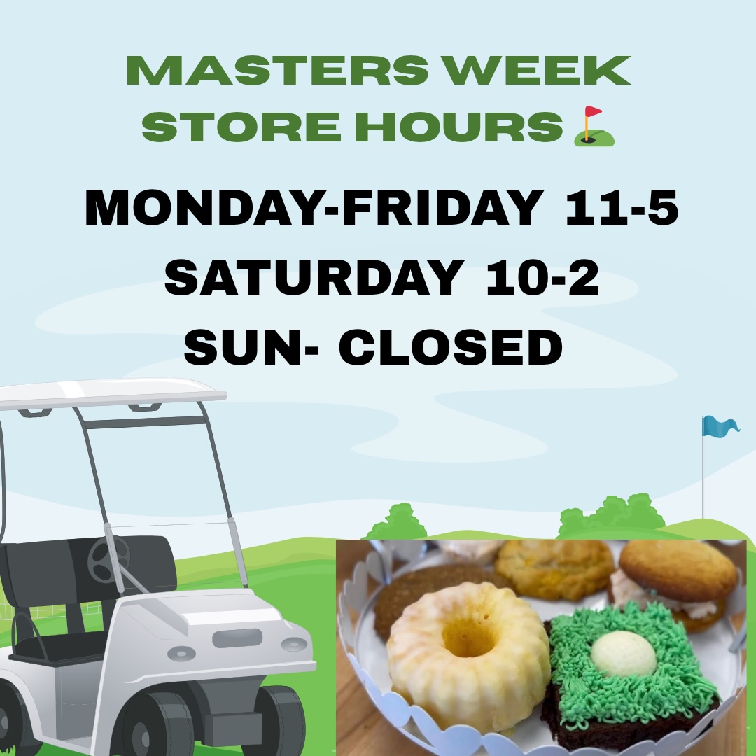 🌞 Good morning and happy Saturday, friends!!!
We are SO excited to be rolling out our MASTERS SAMPLERS TODAY!!! ⛳️💛
It’s officially MASTERS WEEK, and what better way to celebrate than with one of our delicious samplers?! 😍
Each sampler includes:
🥪 Pimento Cheese Biscuit with a side of our homemade pimento cheese
🍋 Lemon Bundt Cake
🍫 Hole-in-One Brownie
🍪 Oatmeal Raisin Cookie
And don’t forget… 🍑
Our PEACH ICE CREAM SANDWICHES are also AVAILABLE!!!
⏰ We’re open TODAY from 9–2 — come see us and grab your favorites before they’re gone!