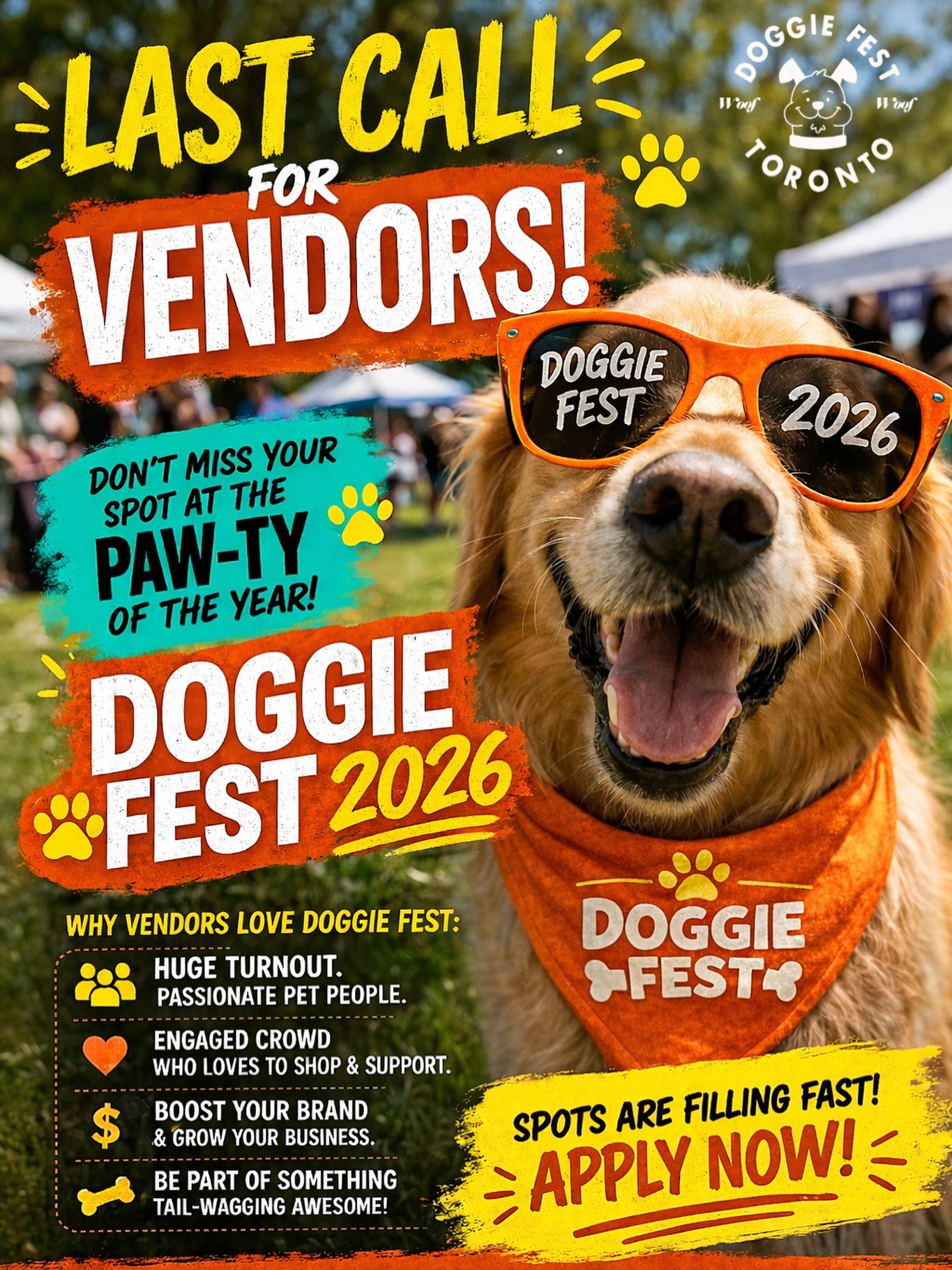 Doggie Fest 2026 is almost FULL and this is your final chance to join us!
✨ Thousands of dog lovers
✨ Highly engaged pet parents
✨ The perfect place to grow your brand
Spots are filling FAST 🔥 don’t miss out on the pawty of the year 🐾 🐶
👉 Apply now before we sell out!
📅 June 14, 2026
⏰ 11AM - 4PM
📍 Roundhouse Park, Toronto
Apply at doggiefest.ca or link in bio!
#doggiefest #torontodogs #petvendors #dogevent #torontoevents