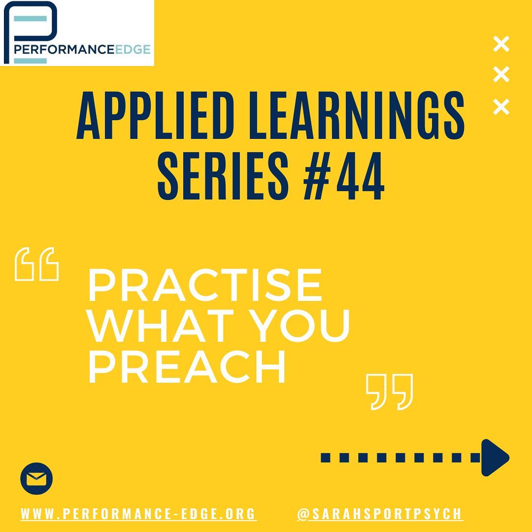 WEEK 44 Applied Learning Series
Practice what you preach
I truly believe that a sport psychologists, we should be practising what we preach. We are encouraging athletes and clients to be open to working on themselves. It’s our responsibility that we do the same. Do your actions and behaviours align with what you are “preaching”
#congruentpractise #sportpsychology #authenticity #rolemodel