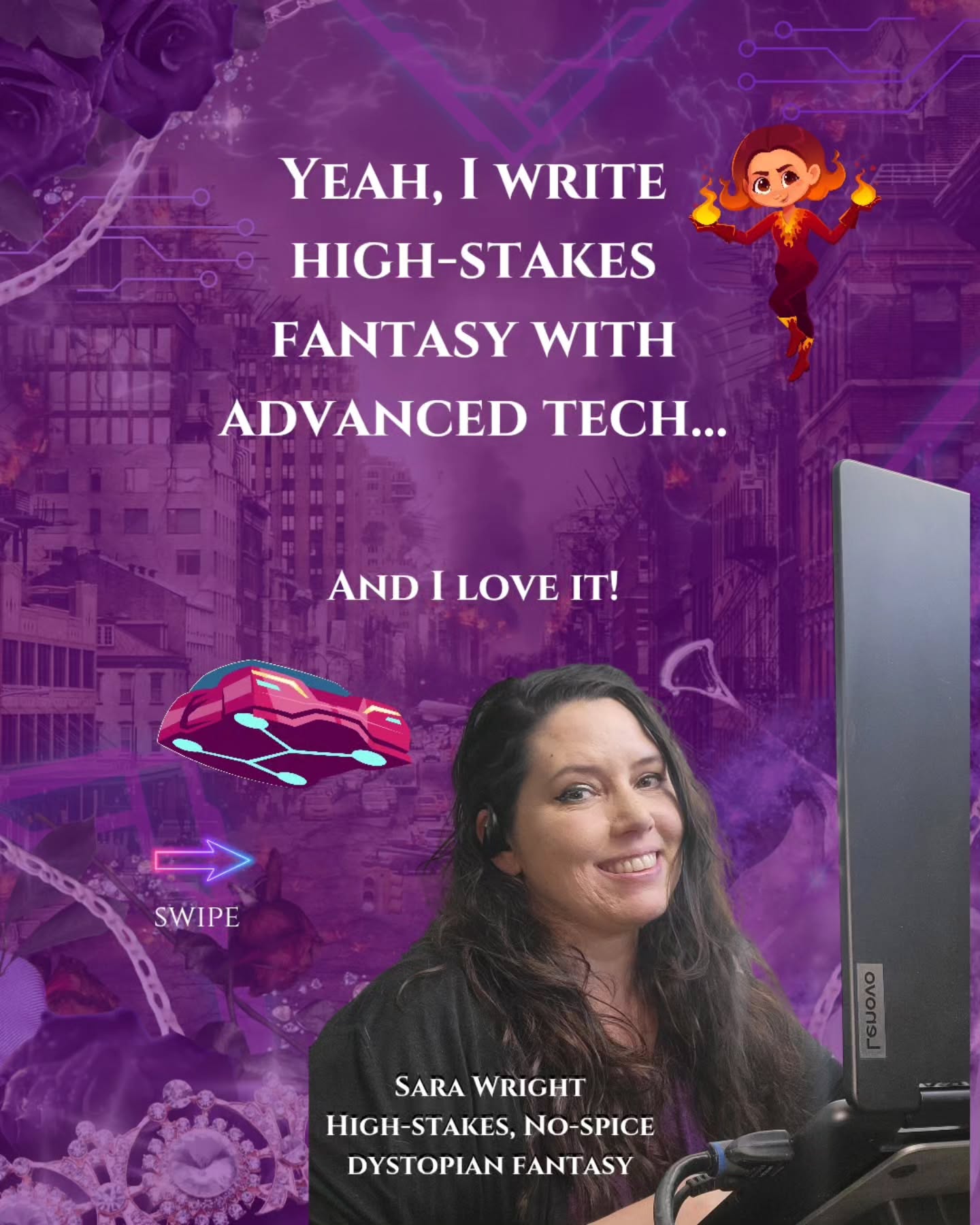 One thing about my dystopian fantasy books is that there will always be some sort of advanced tech.
But that doesn’t mean I'll bog down the stories with details of how the tech works.
Why?
The only reason the tech exists in my worlds is either to give an advantage to the bad guys...
Or so the main character can get to the people who need help.
And for some reason I seem a little obsessive with hovercars... haha!
Whether you’re in the mood to read about an ancient being with superpowers that can rival the stars, or you want to heat things up with fire wielders, or you want to step into a world where tech and magic go hand-in-hand...
Then you might have just found your new favorite books.
Drop a ❤️ in the chat below if you love books like that.
#Sarawrightbooks #dystopianfantasy #nospicebooks #cleanfantasy #fantasyreadersofig