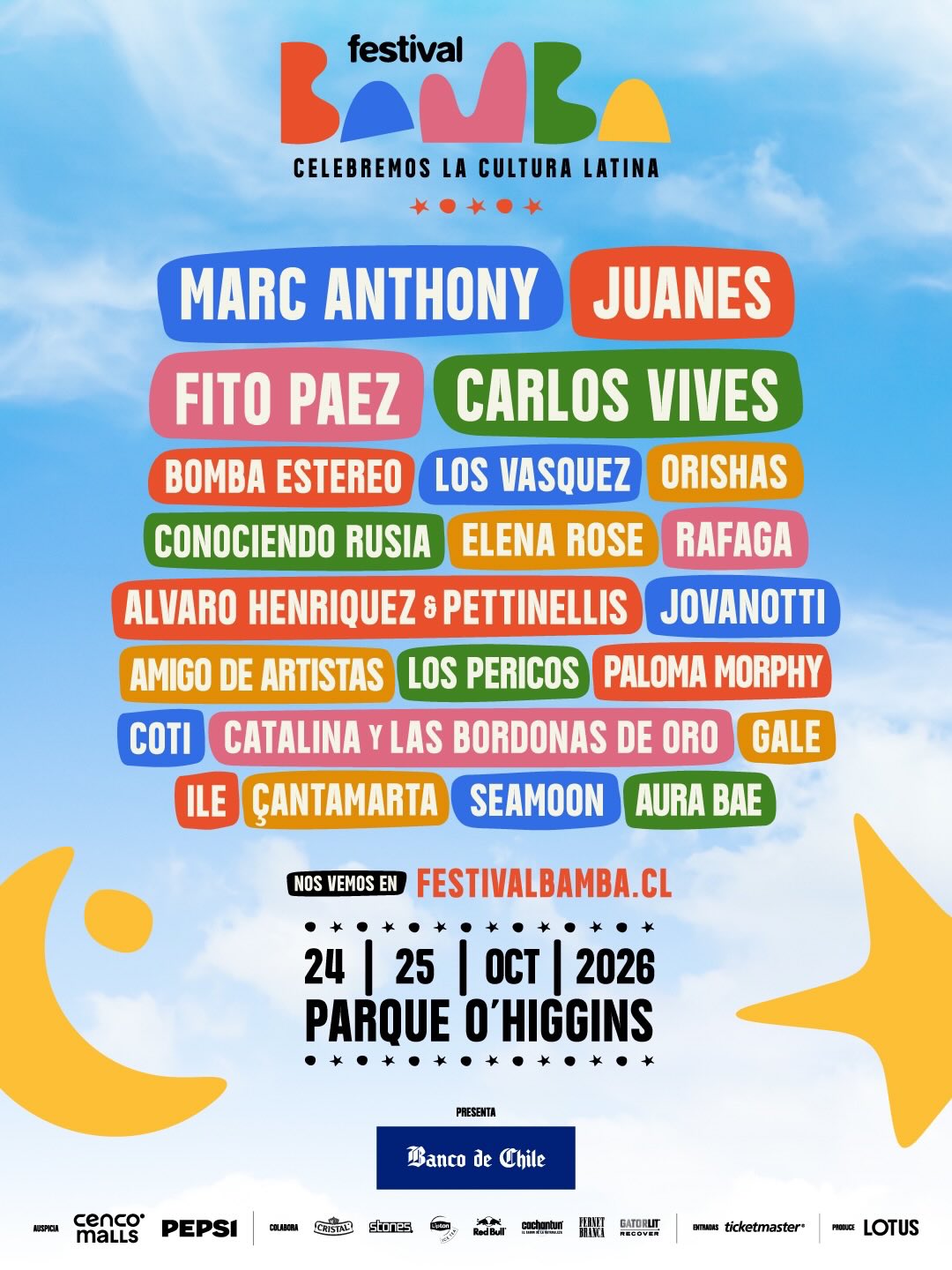 Llega Festival Bamba 2026 para hacer sonar lo mejor de la música latina como se debe.
📅 24 y 25 de octubre
📍 Parque O’Higgins
🎟️ Preventa Banco de Chile: 18 de mayo – 12:00 hrs
🎟️ Venta general: 19 de mayo – 12:00 hrs en Ticketmaster
👉 Dos días para celebrar el ritmo, la identidad y la cultura latina.
Produce: @lotuscl
